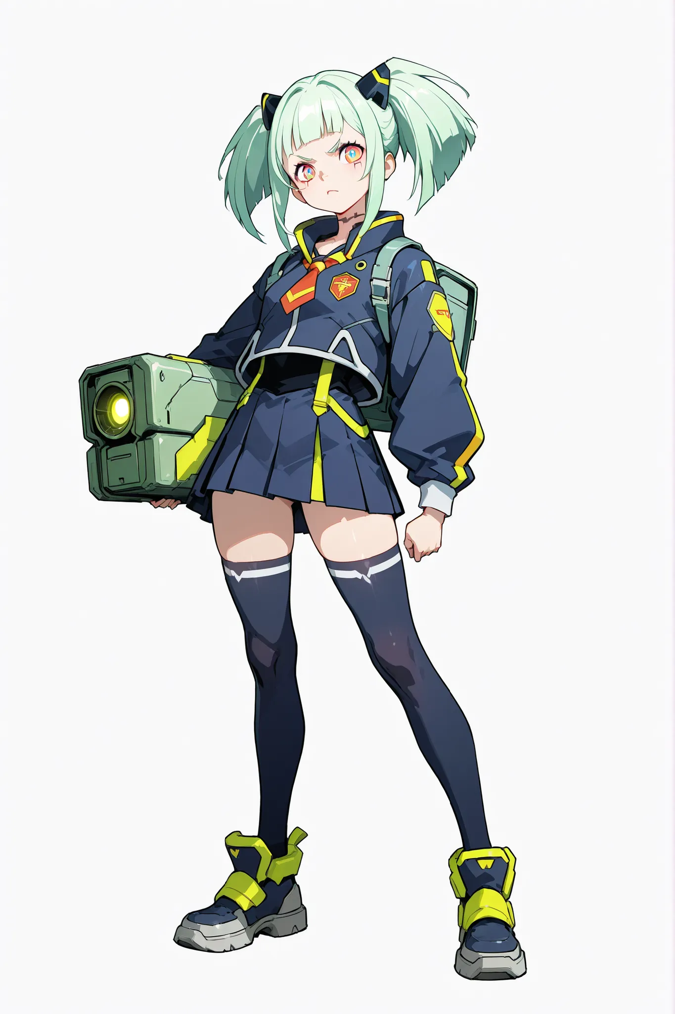 A beautiful girl with long lunar green hair, Amber-colored eyes , carrying an attractive and serious look, wearing a school uniform from a futuristic cyberpunk-style battle academy, on a light solid color background, concept art, full body.