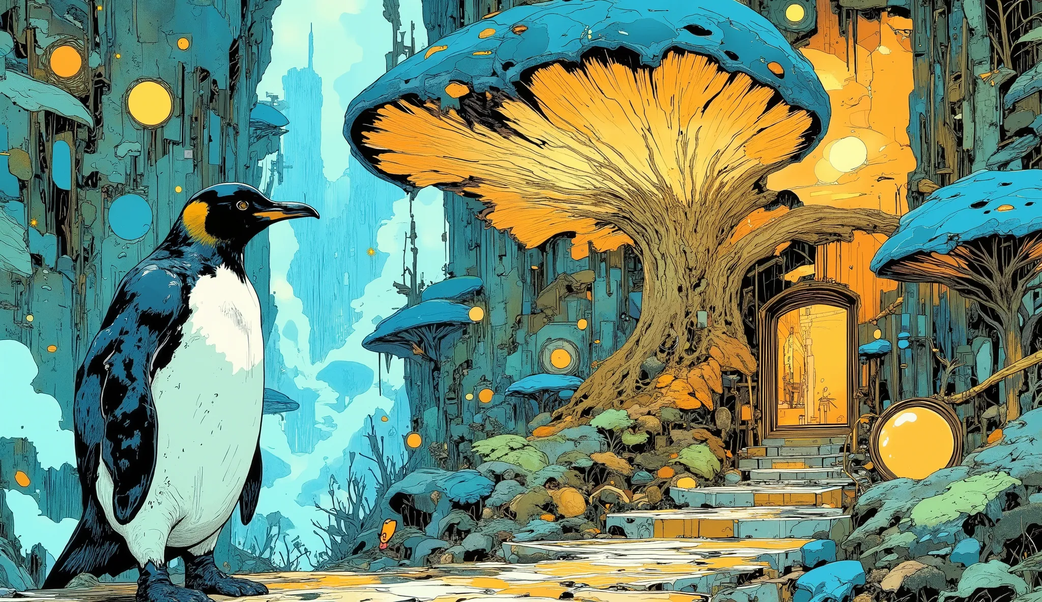 A penguin in front of a giant mushroom