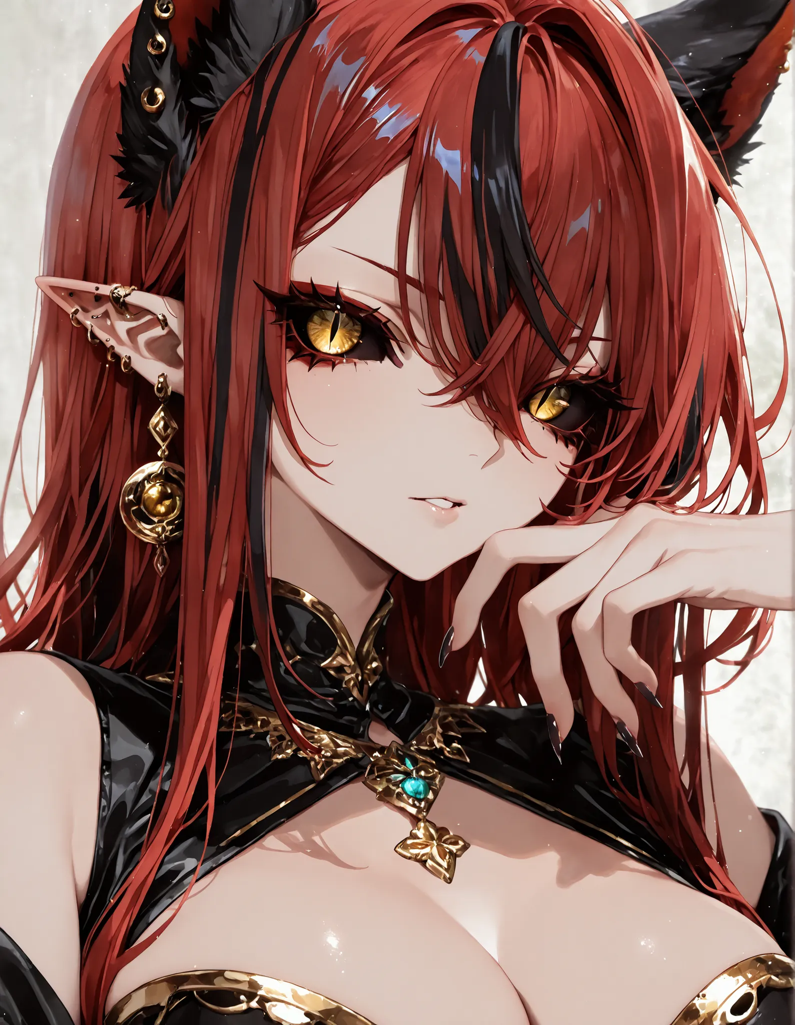1girl, colored sclera, multicolored hair, solo, animal ears, red hair, cleavage, pointy ears, black sclera, jewelry, golden eyes, fingernails, earrings, streaked hair, looking at viewer, slit pupils, long hair, ear piercing, parted lips