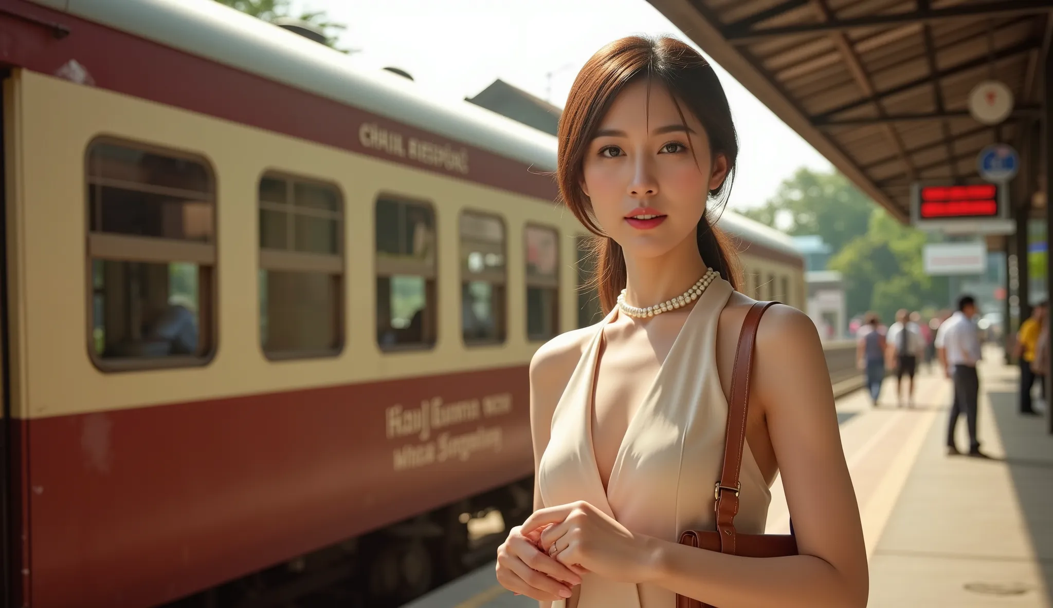 Editorial style film photography of a stylish Thai woman at Chiang Mai train station in the 1960s. She graces a vintage pastel outfit, Accessorized with pearl jewelry and a leather handbag. The classic maroon and cream train is still visible in the backgro...