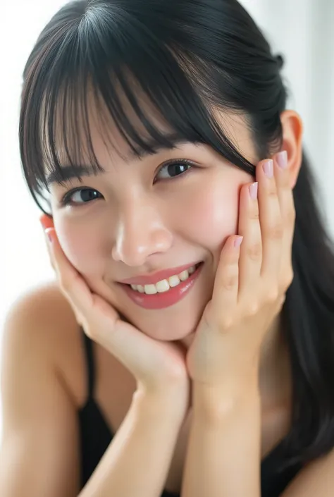 An extreme ultra close-up portrait of a stunningly beautiful young Japanese woman in her early twenties. Her face fills 95% of the frame, captured in cinematic soft lighting. She has a warm skin tone with flushed cheeks, porcelain-smooth complexion, visibl...