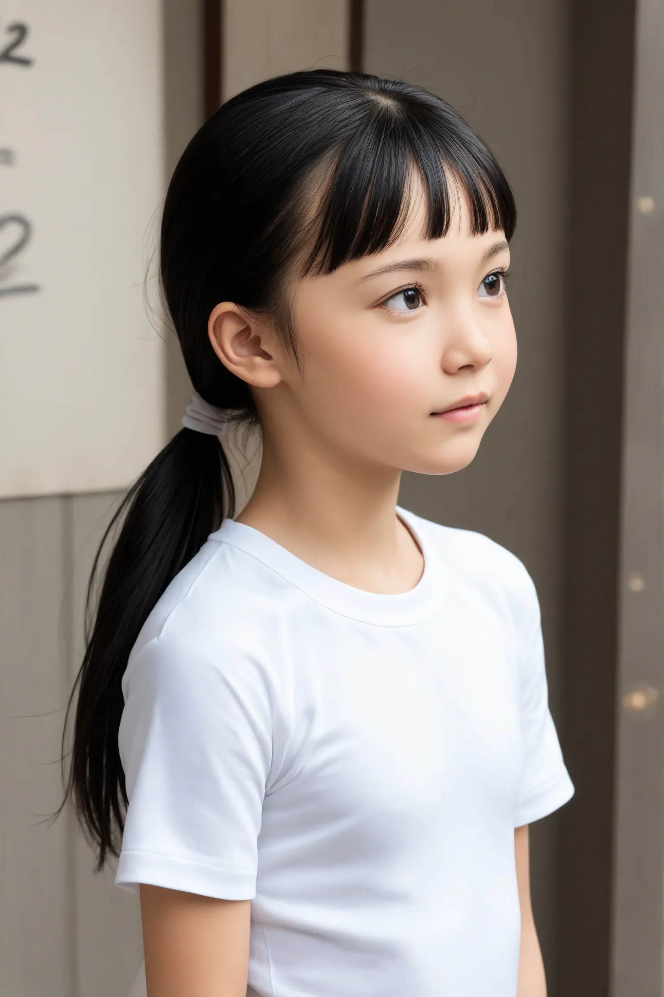 High Quality, masterpiece, A girl with a beautiful face,
break girl,black hair, (low ponytail hair:1.4),(petite bangs:1)
break 12,years old,Japanese, (around 12:1.4),
break (1girl:1.4),T-shirt
break (standing:1.4),portrait,from side