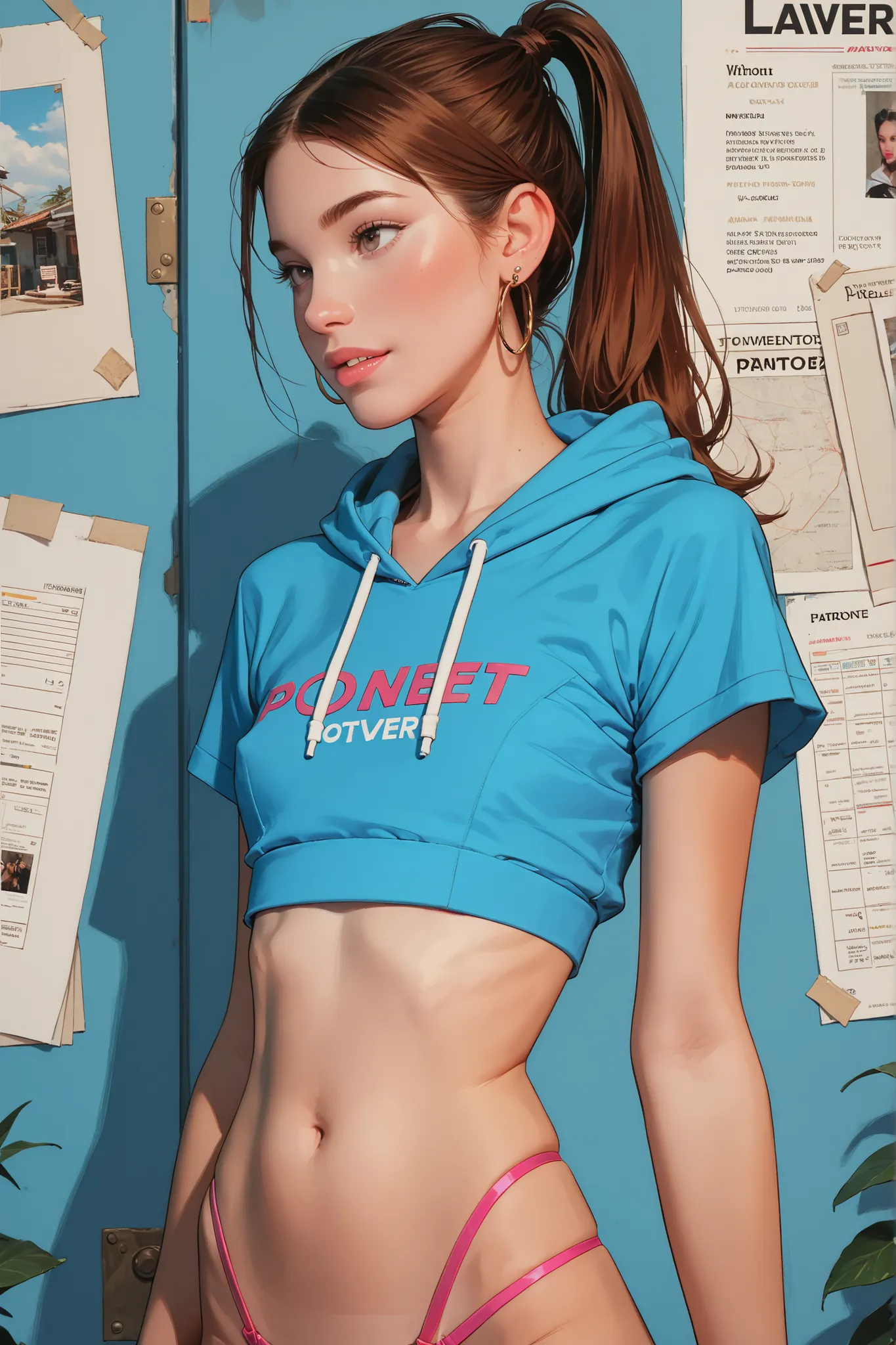 Realistic, score_9, score_8_up, score_7_up, a skinny female supermodel, wearing a cropped V-neck short sleeves hoodie, toned body, toned midriff, earrings, ponytail, thong. with old photo paper Vintage texture.
