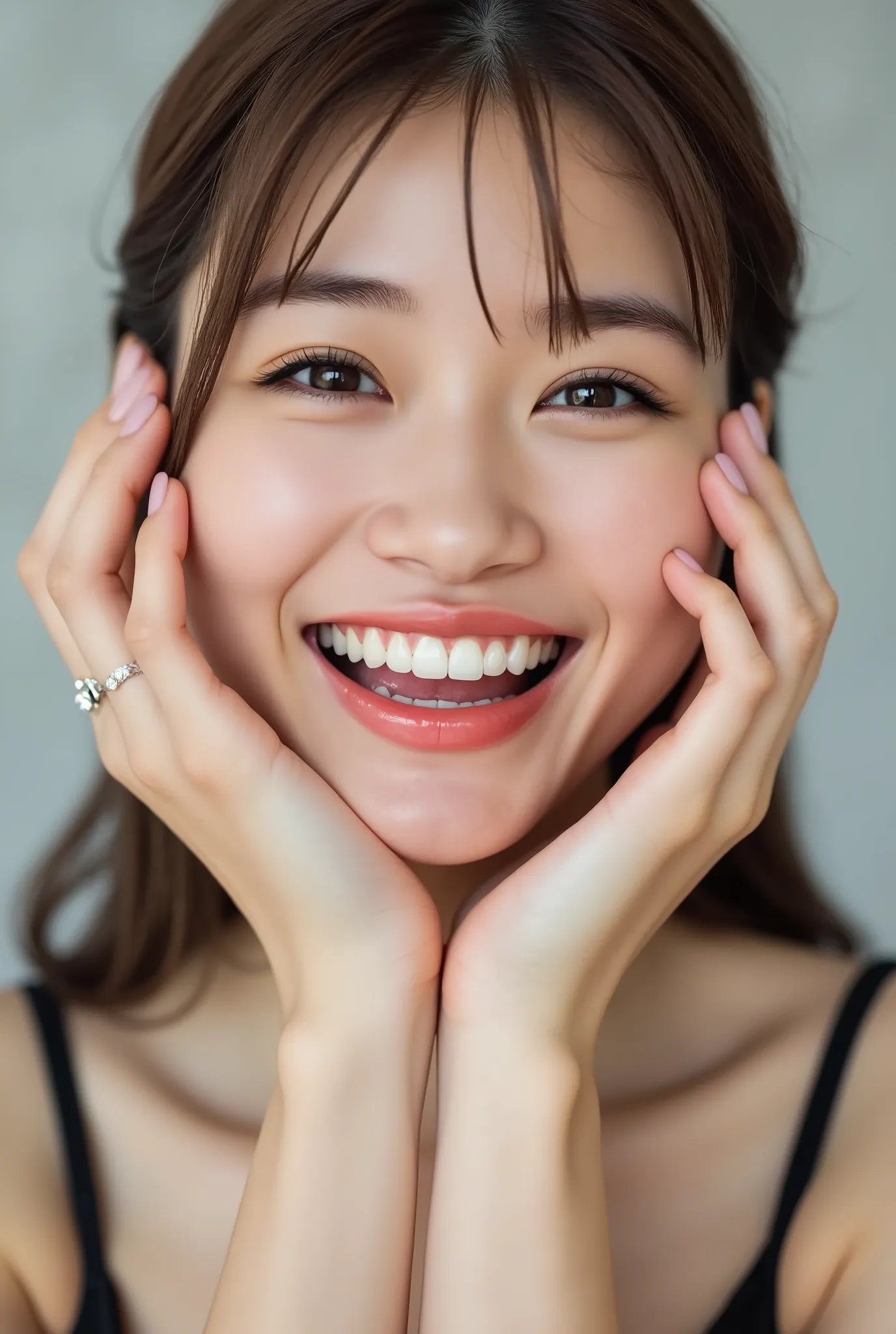 An extreme ultra close-up portrait of a stunningly beautiful young Japanese woman in her early twenties. Her face fills 95% of the frame, captured in cinematic soft lighting. She has a warm skin tone with flushed cheeks, porcelain-smooth complexion, visibl...