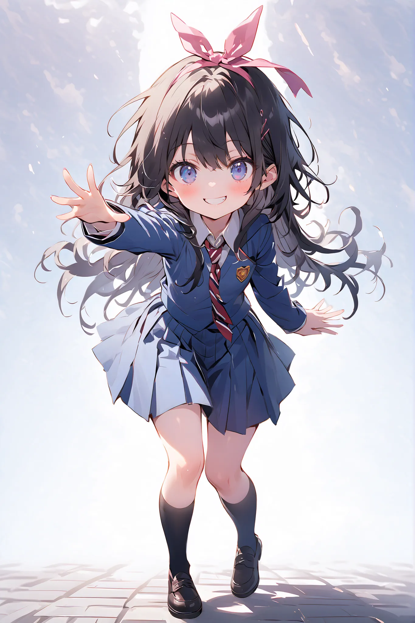 one girl、schools、uniform、black hair、long hair、ribbon on head、(elementary school student)、ren、smile、full body image、face up with ties