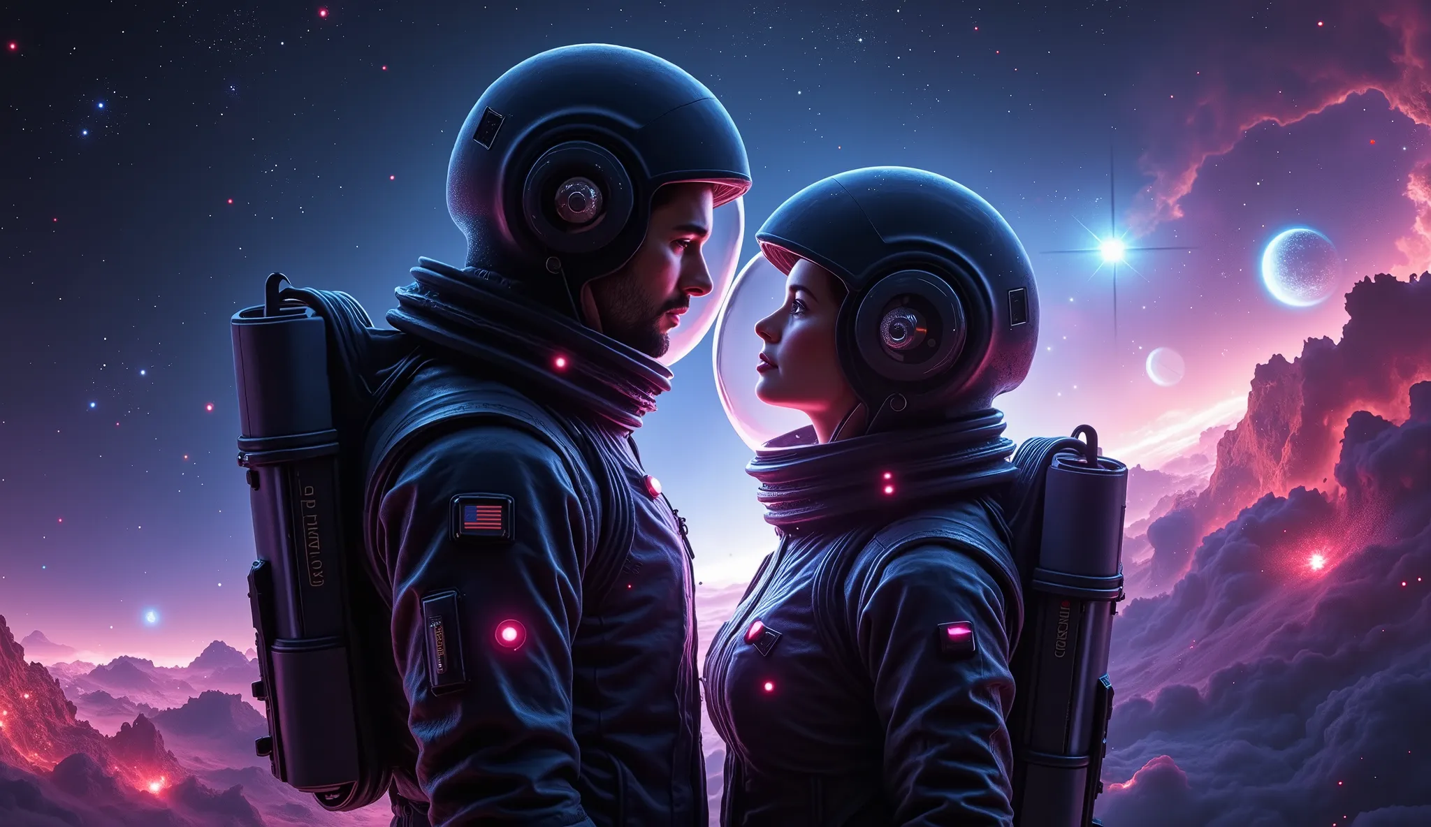 Hyperrealistic, photographic style; European Guy and girl looking each at other, within shiny glossy astronaut suits and helmets, flowind into deep space; neon nebulas fog at the back; Deep Space dark background; shining stars and planets with satellites; ...