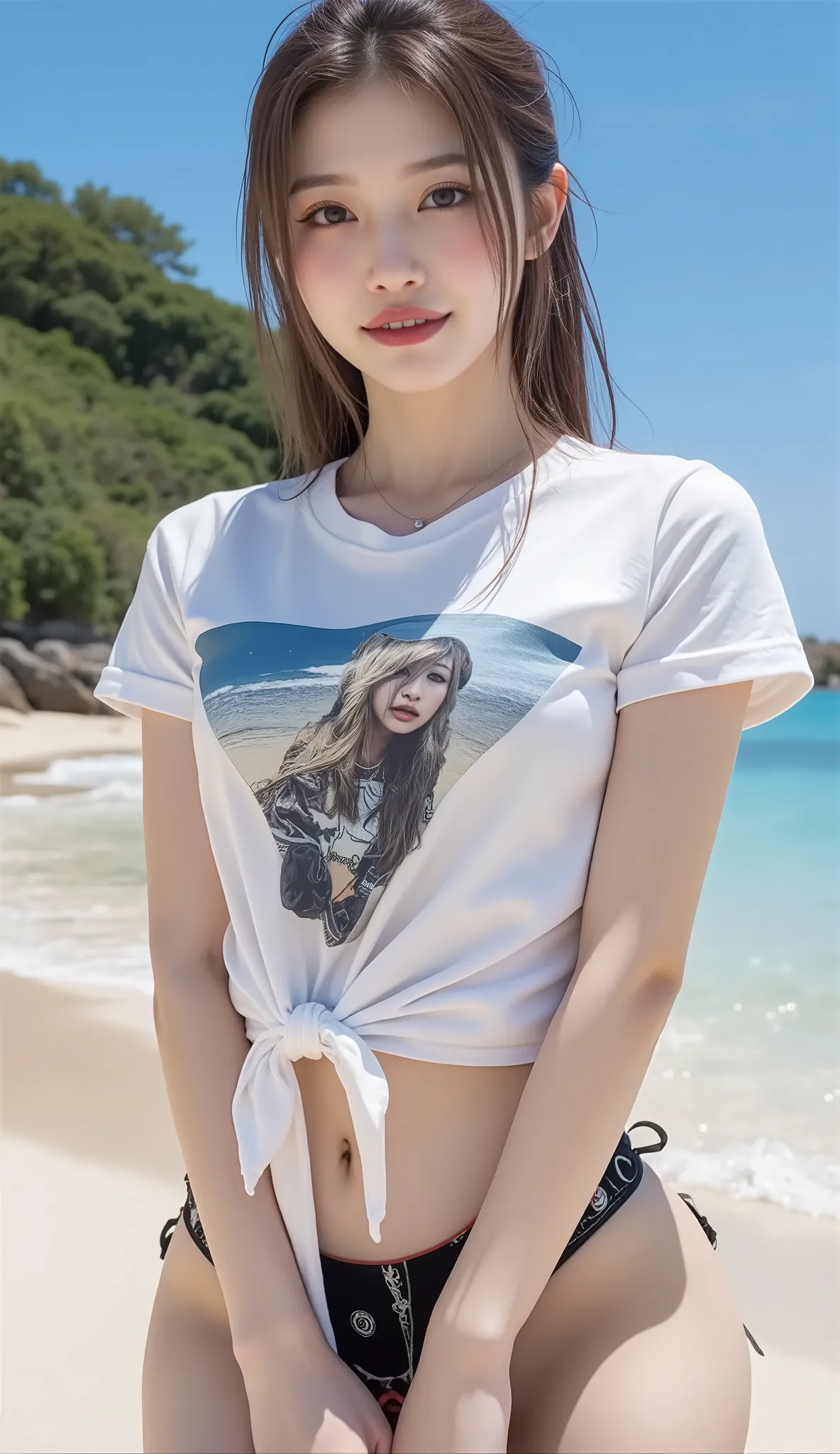 ((depicts a young Korean pop idol girl wearing a t-shirt over a bikini swimsuit。),((tropical sandy beaches and beautiful seas)),(walk),((Tie the length of a T-shirt with a rock design for women and combine it with a belly button and bikini swimsuit)),(smil...