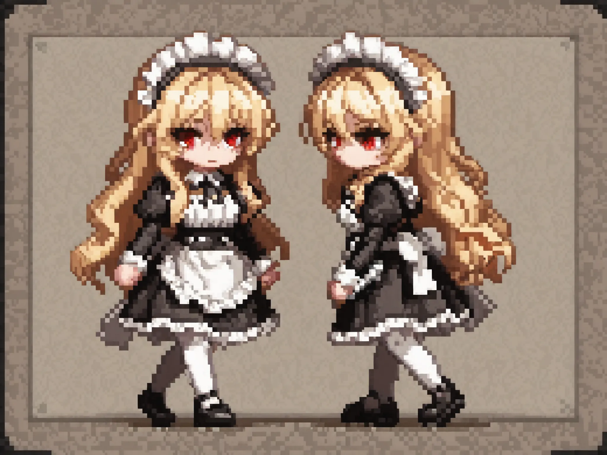 Pixel art sprite sheet, full body, pixel art, wavy long blonde hair maid, red eyes, blonde eyelashes, maid uniform, sprite sheet, pixel art sprite full body, sheet front back looking left and side, idle and walking animation sheet