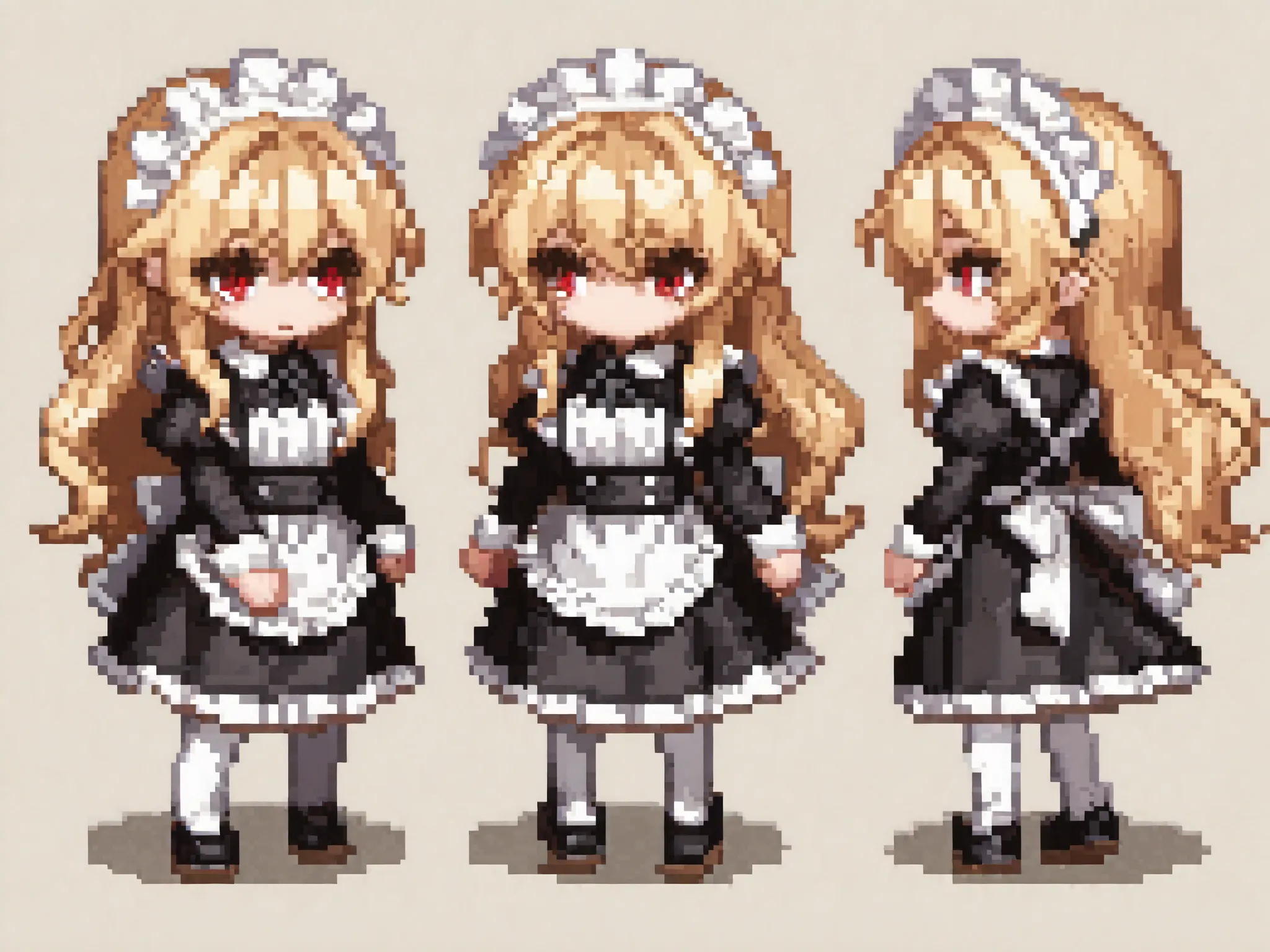 Pixel art sprite sheet, full body, pixel art, wavy long blonde hair maid, red eyes, blonde eyelashes, maid uniform, sprite sheet, pixel art sprite full body, sheet front back looking left and side, idle , animation sheet