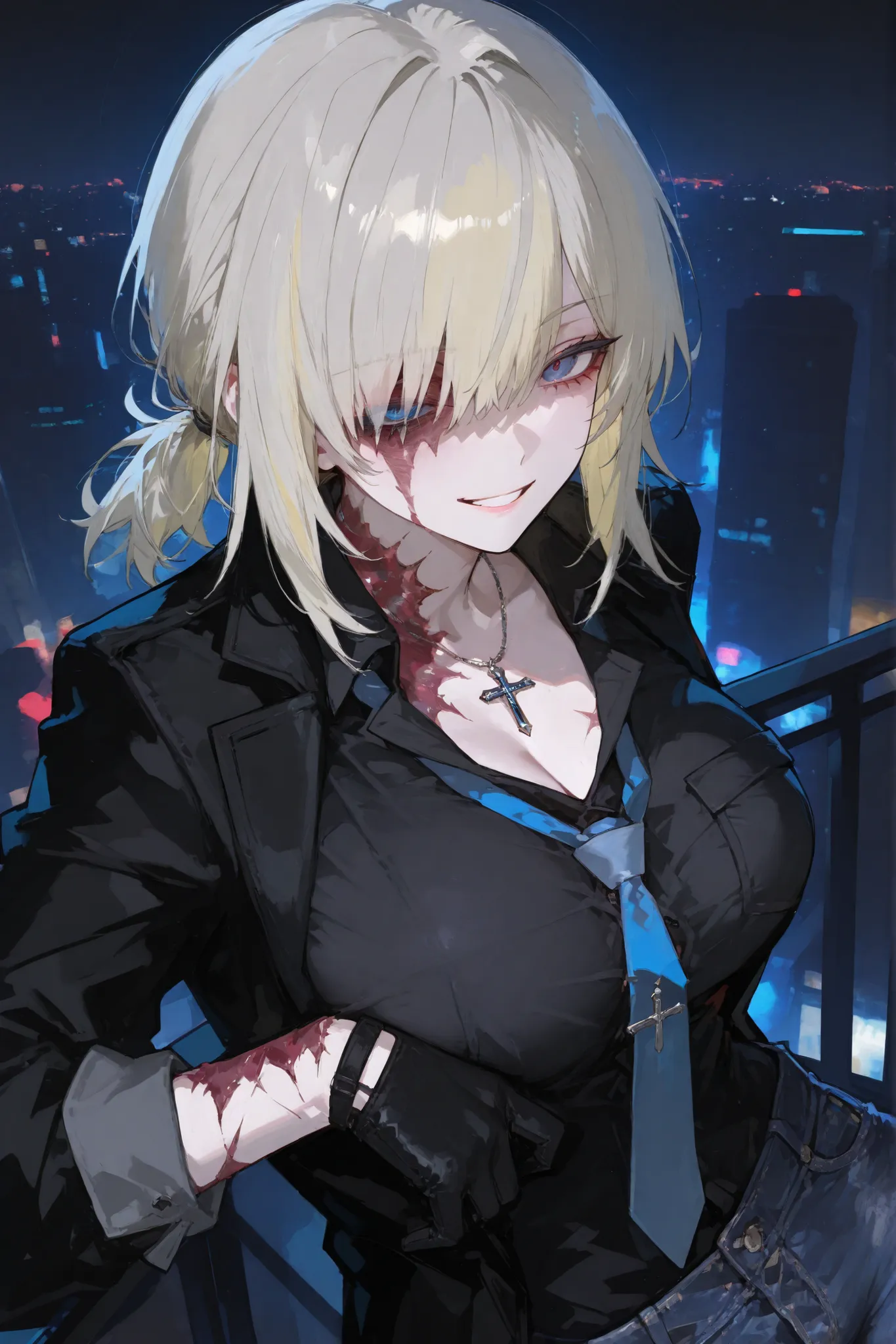 1girl, hair_over_one_eye, solo, large_breast, medium_hair, grey_hair, gloves, light_blonde_hair, breasts, necktie, black_gloves, night_city_background, blue_eyes, large_breasts, looking_at_viewer, long_sleeves, black_jacket, jacket, grin, pocket, shirt, bl...