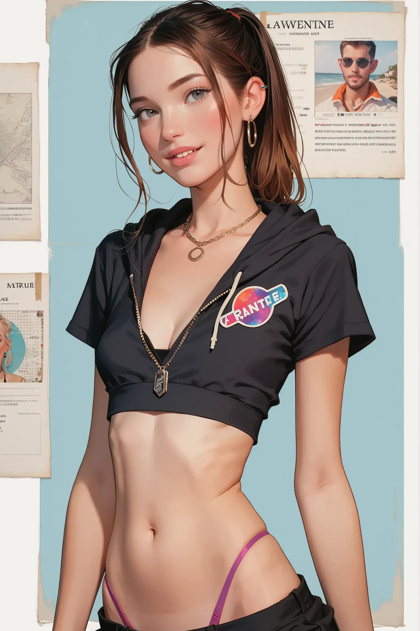 Realistic, score_9, score_8_up, score_7_up, a skinny female supermodel, wearing a cropped V-neck short sleeves hoodie, toned body, toned midriff, (necklace), cleavage, earrings, ponytail, thong. with old photo paper Vintage texture.


