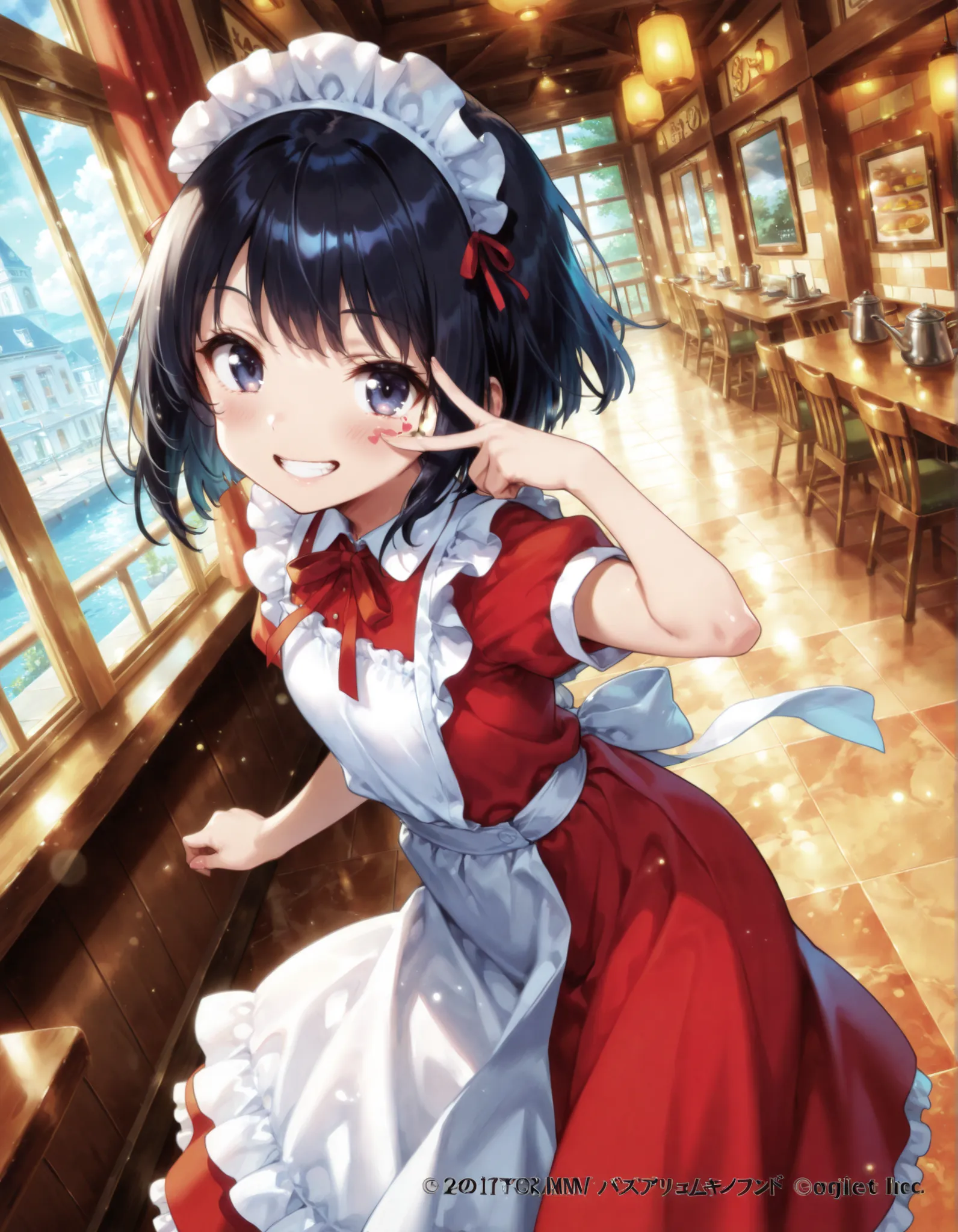 Master piece, highres, best quality, official art, highres, masterpiece, newest","solo, 1girl, hanakosan, black hair, smile, teeth","maid uniform BREAK maid cafe, indoors, looking at viewer, posing, V on eye, dutch angle, upper view, long skirt","masterpie...