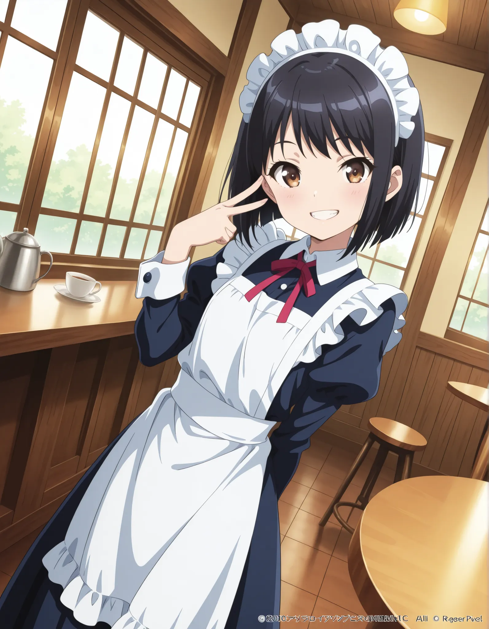 Master piece, highres, best quality, official art, highres, masterpiece, newest","solo, 1girl, hanakosan, black hair, smile, teeth","maid uniform BREAK maid cafe, indoors, looking at viewer, posing, V on eye, dutch angle, upper view, long skirt","masterpie...