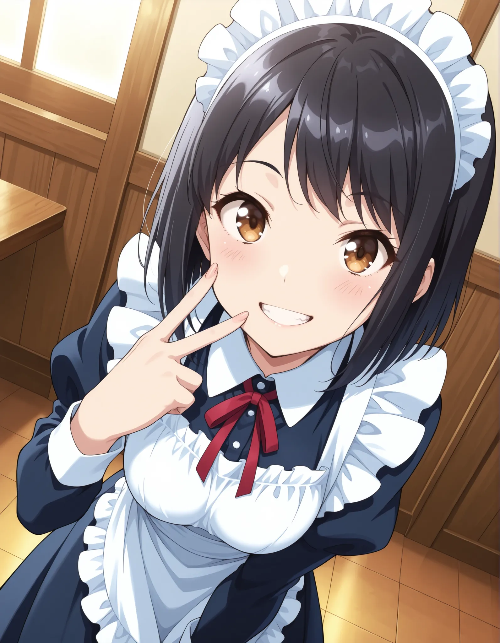 Master piece, highres, best quality, official art, highres, masterpiece, newest","solo, 1girl, hanakosan, black hair, smile, teeth","maid uniform BREAK maid cafe, indoors, looking at viewer, posing, V on eye, dutch angle, upper view, long skirt","masterpie...