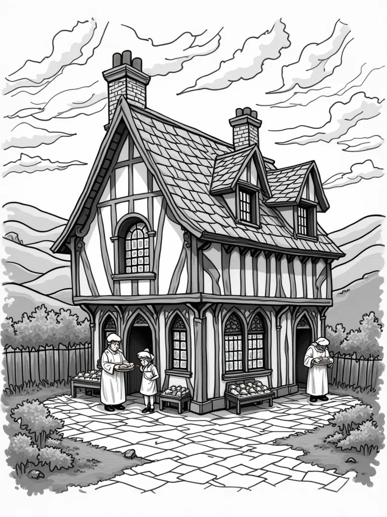 Black and white line drawing　stained glass style　Medieval style　Bakery
