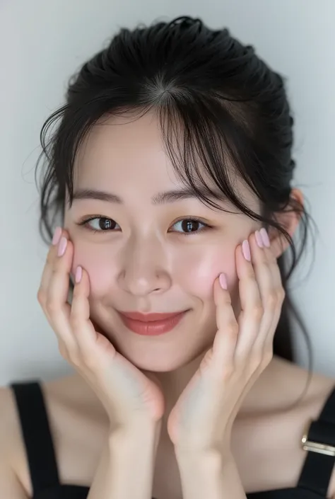 An extreme ultra close-up portrait of a stunningly beautiful young Japanese woman in her early twenties. Her face fills 95% of the frame, captured in cinematic soft lighting. She has a warm skin tone with flushed cheeks, porcelain-smooth complexion, visibl...