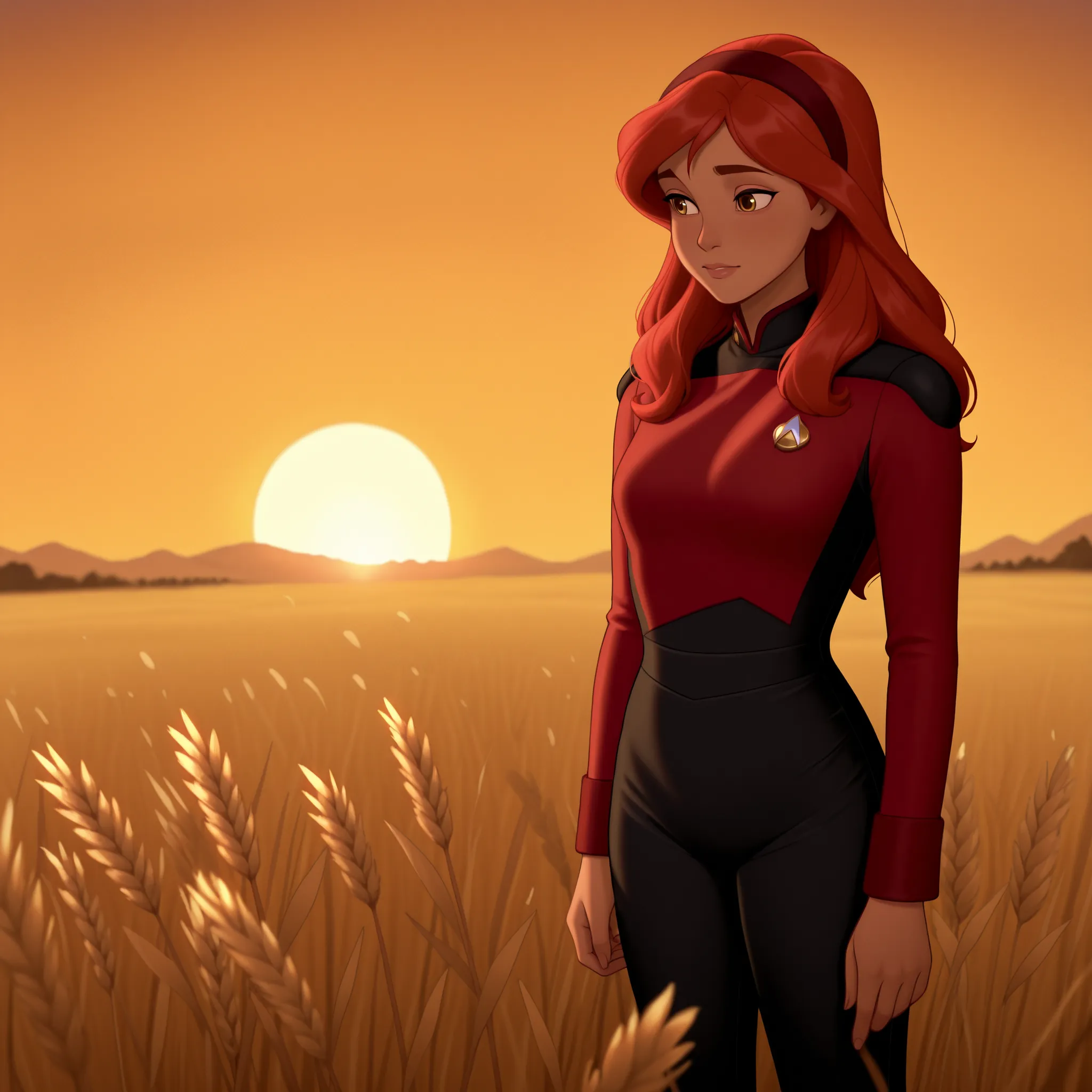 masterpiece,best quality,DisneyClassics
disney
,solo,,hairband , ginger red hair,long hair,bangs,in a wheat,field in hair,,golden sunset,ferice in Wheatfield TNG red uniform,black pants ,