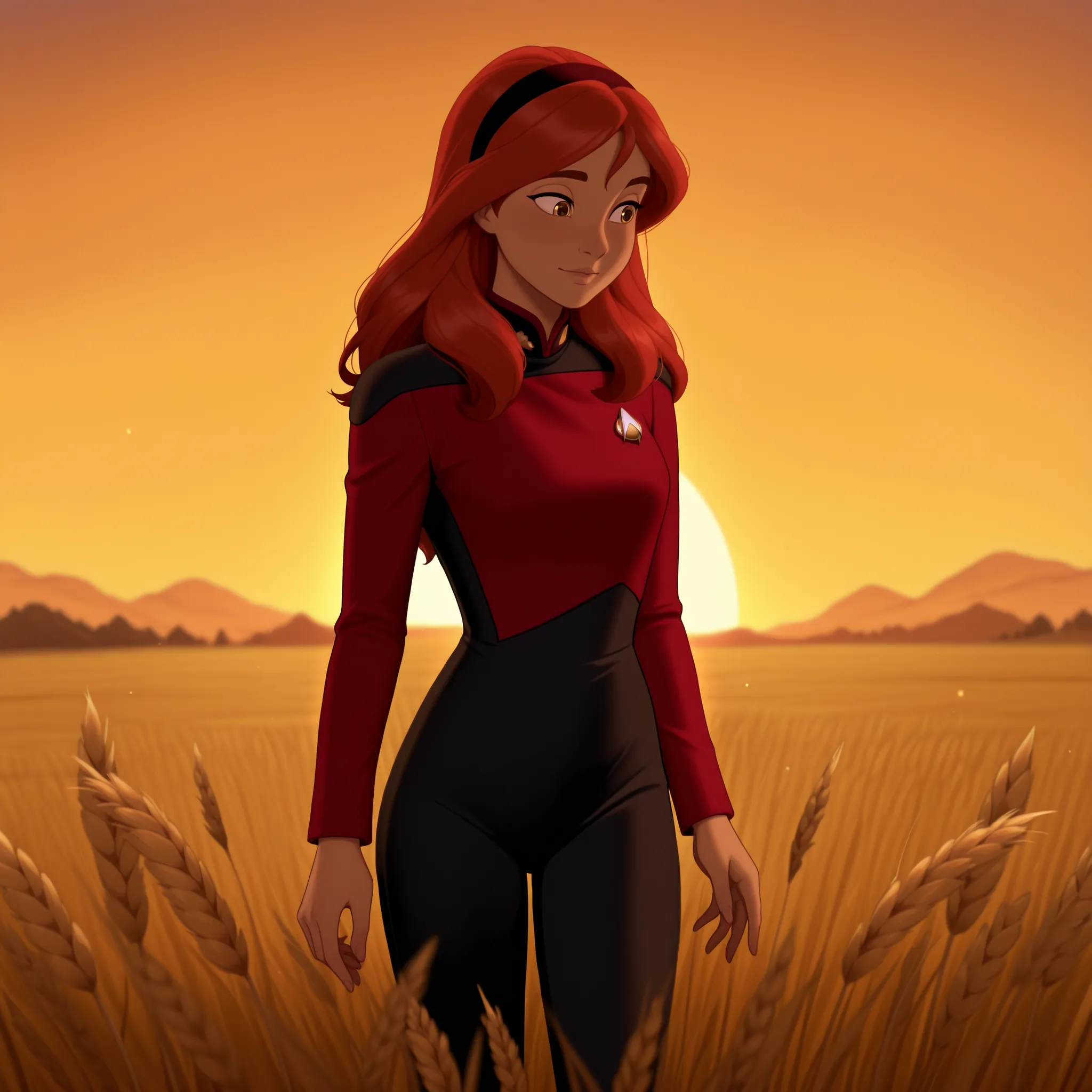 masterpiece,best quality,DisneyClassics
disney
,solo,,hairband , ginger red hair,long hair,bangs,in a wheat,field in hair,,golden sunset,ferice in Wheatfield TNG red uniform,black pants ,