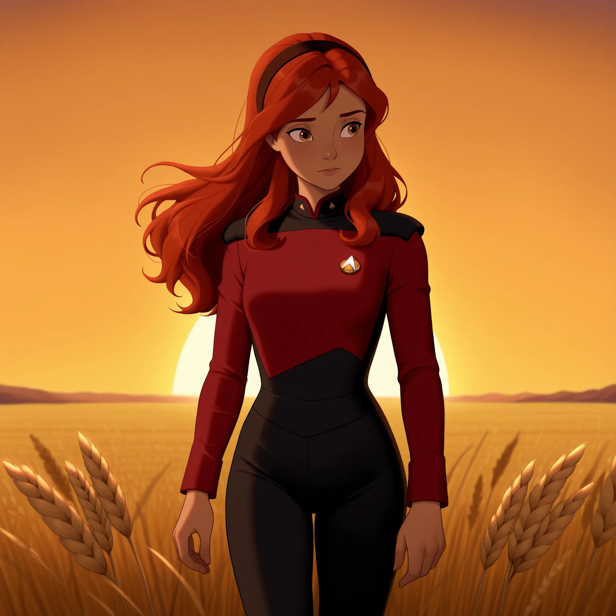 masterpiece,best quality,DisneyClassics
disney
,solo,,hairband , ginger red hair,long hair,bangs,in a wheat,field in hair,,golden sunset,ferice in Wheatfield TNG red uniform,black pants ,