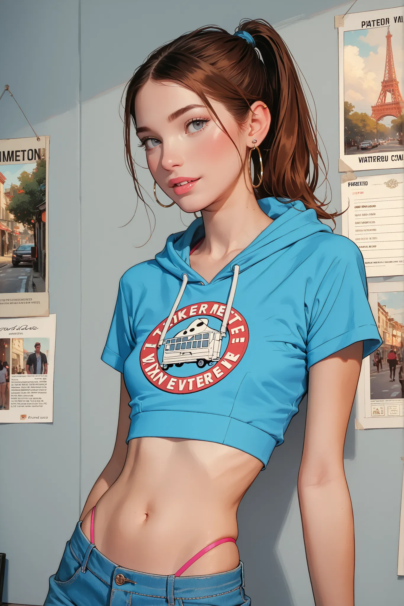 Realistic, score_9, score_8_up, score_7_up, a skinny female supermodel, wearing a cropped V-neck short sleeves hoodie, toned body, toned midriff, (), earrings, ponytail, thong. with old photo paper Vintage texture.


