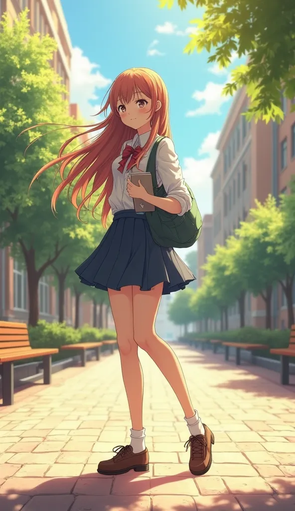 "A beautiful high school or college student girl standing in a sunny school courtyard. She wears a neat uniform or casual academic outfit, holding a book or bag, smiling softly. Her hair flows gently in the breeze, with sunlight filtering through nearby trees. The atmosphere is warm, calm, and uplifting. Background shows school buildings, benches, and soft shadows. Anime style, soft lighting, 16:9 aspect ratio."