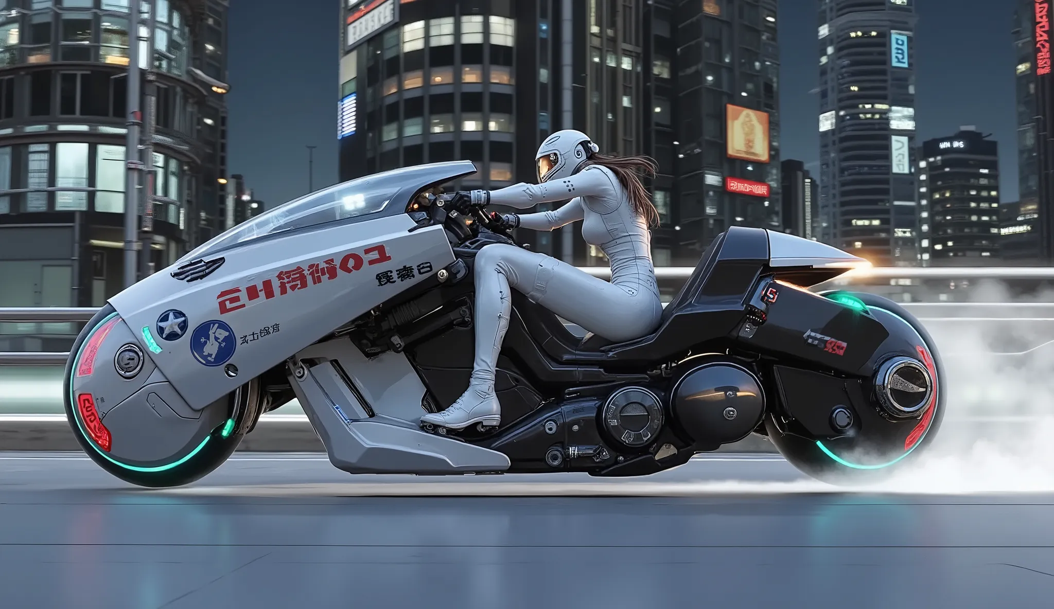 Highest Quality、8k、masterpiece、photorealistic, sharp concentration in nude clothes, high definition, A white Akira motorcycle driven by a woman in a white costume running through a futuristic city、white full face helmet、Ultra-high speed、Skyscrapers in Futu...