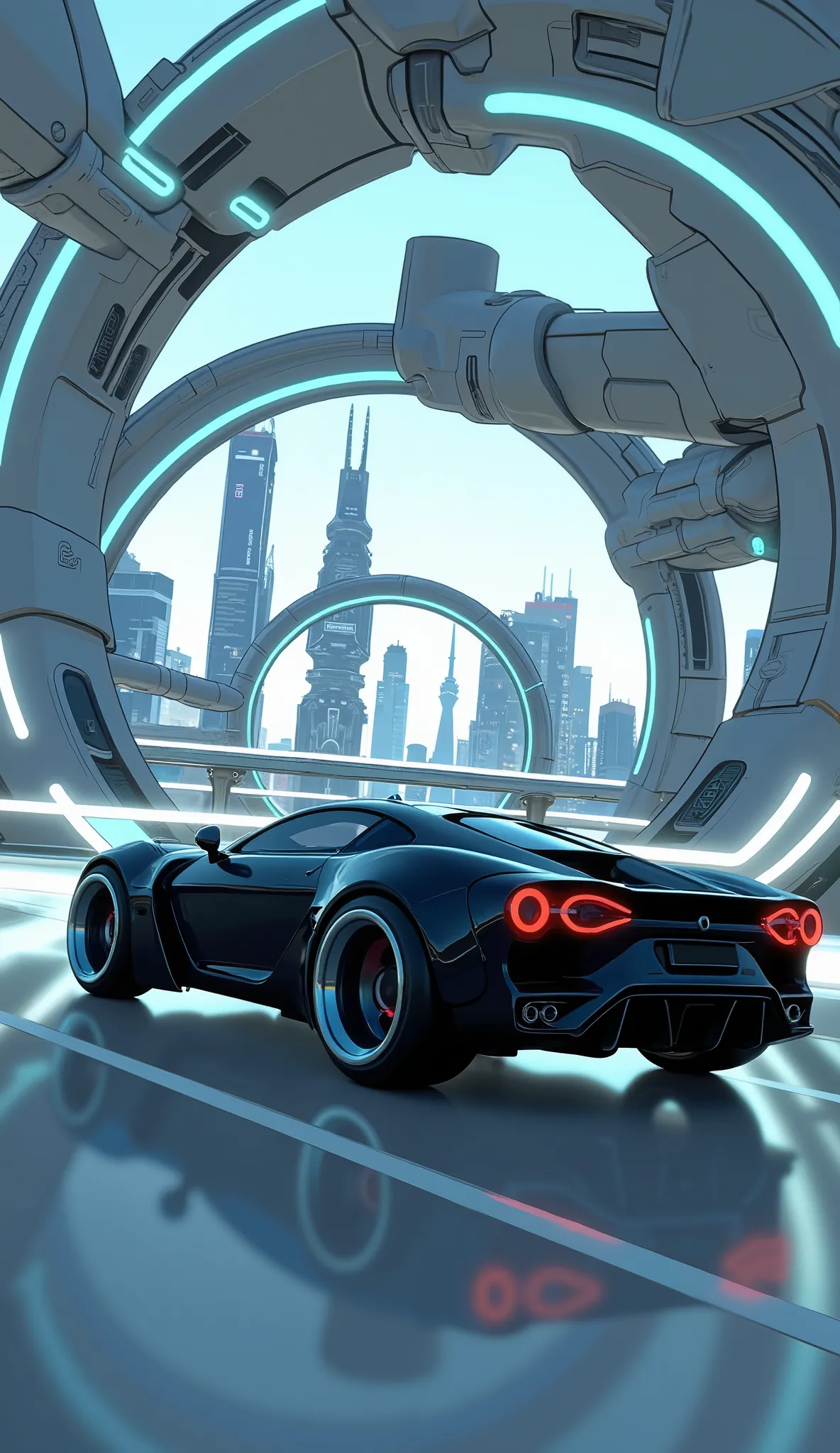 Highest Quality、8k、masterpiece、photorealistic, sharp concentration in nude clothes, high definition, 未来都市を駆け抜けるTron Rittner、Tron Rittner、Ultra-high speed、Skyscrapers in Future Cities、Future Sports Cars Running Through Transparent Tubes、rationalization、blac...