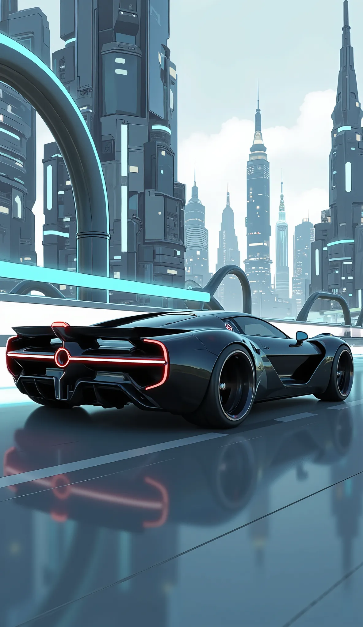 Highest Quality、8k、masterpiece、photorealistic, sharp concentration in nude clothes, high definition, 未来都市を駆け抜けるTron Rittner、Tron Rittner、Ultra-high speed、Skyscrapers in Future Cities、Future Sports Cars Running Through Transparent Tubes、rationalization、blac...