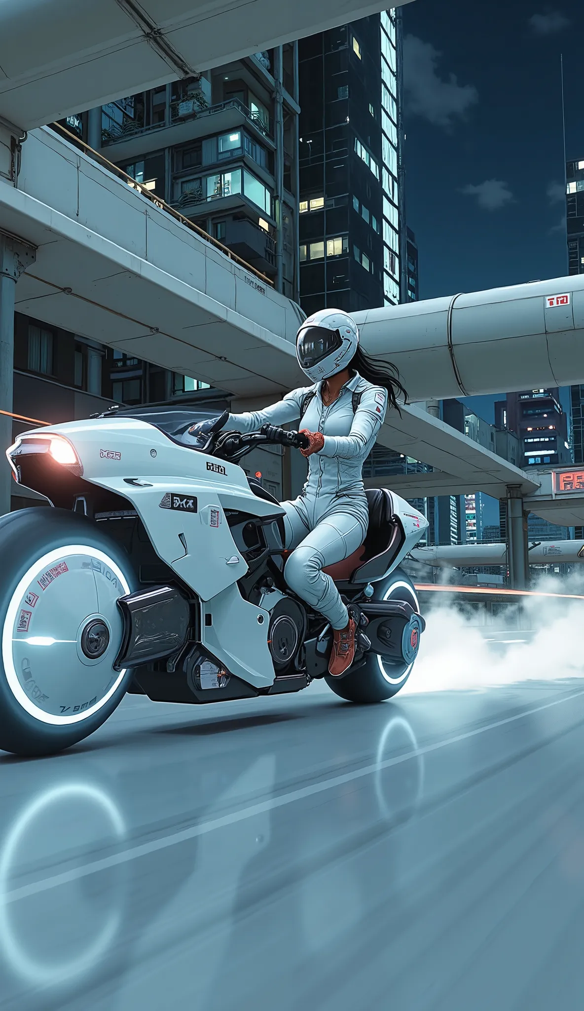 Highest Quality、8k、masterpiece、photorealistic, sharp concentration in nude clothes, high definition, A white Akira motorcycle driven by a woman in a white costume running through a futuristic city、white full face helmet、Ultra-high speed、Skyscrapers in Futu...