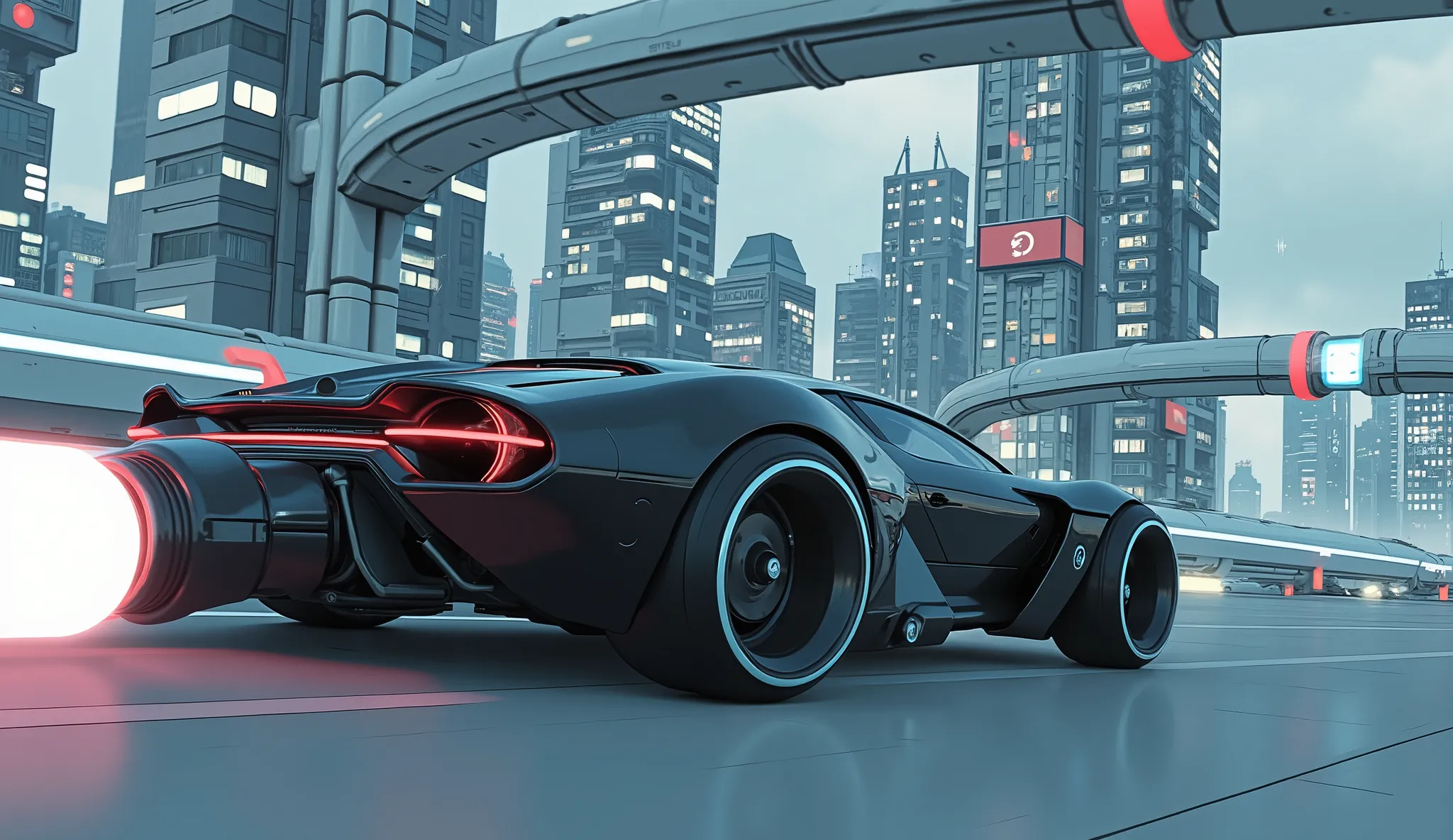  from above 、Highest Quality、8k、masterpiece、photorealistic, sharp concentration in nude clothes, high definition, 未来都市を駆け抜けるTron Rittner、Tron Rittner、Ultra-high speed、Skyscrapers in Future Cities、Future Sports Cars Running Through Transparent Tubes、rationa...