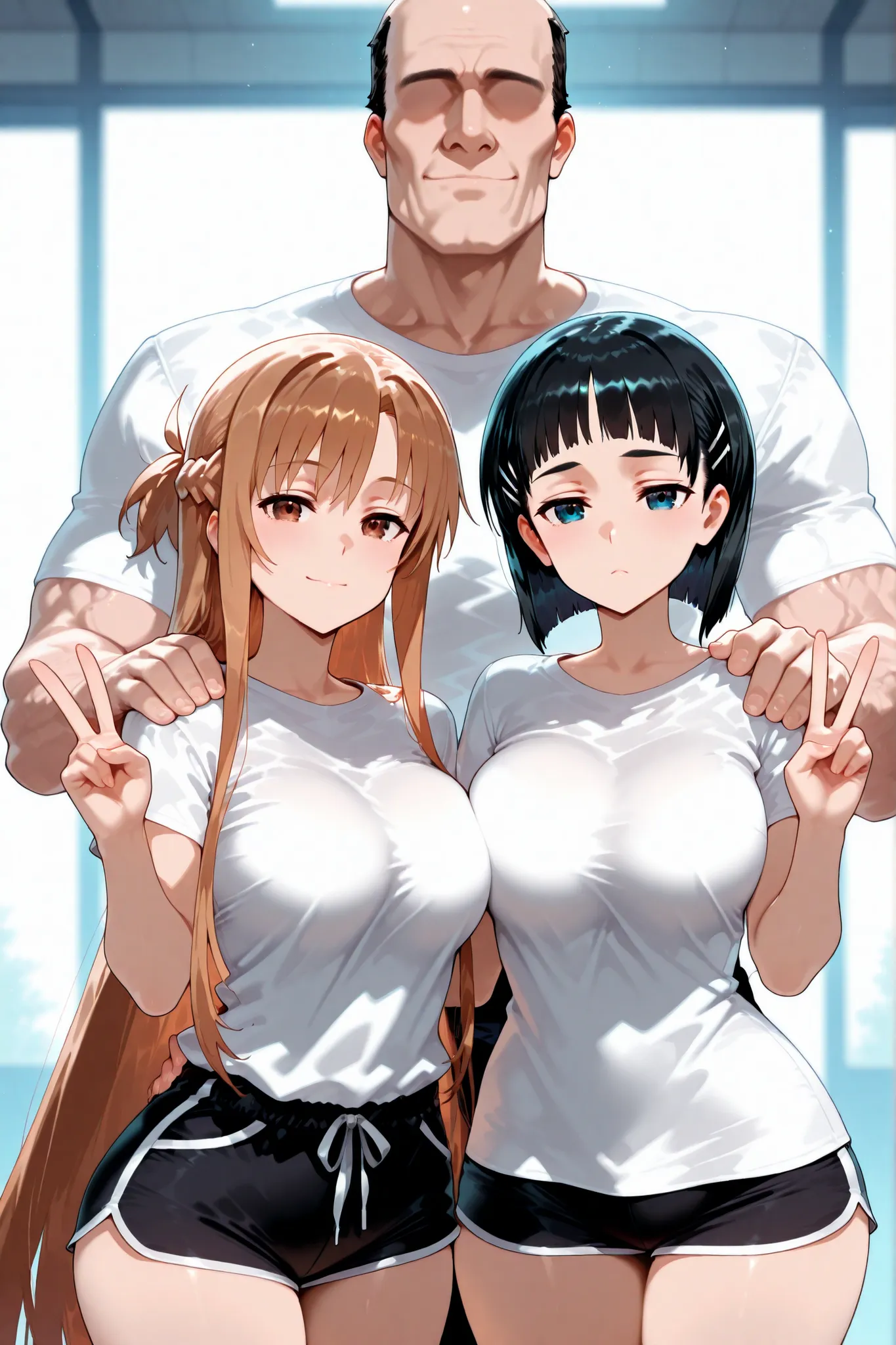 masterpiece, newest, 2girl,absurdres,girl sandwich,1boy, Tall man no hair no eyes muscle,hand on another's shoulder, BREAK
Kirigaya Suguha, white shirt,blue eyes,no pant, large breasts,no pants, V, BREAK
Asuna (SAO), black gym t-shirts, white shirt,short p...