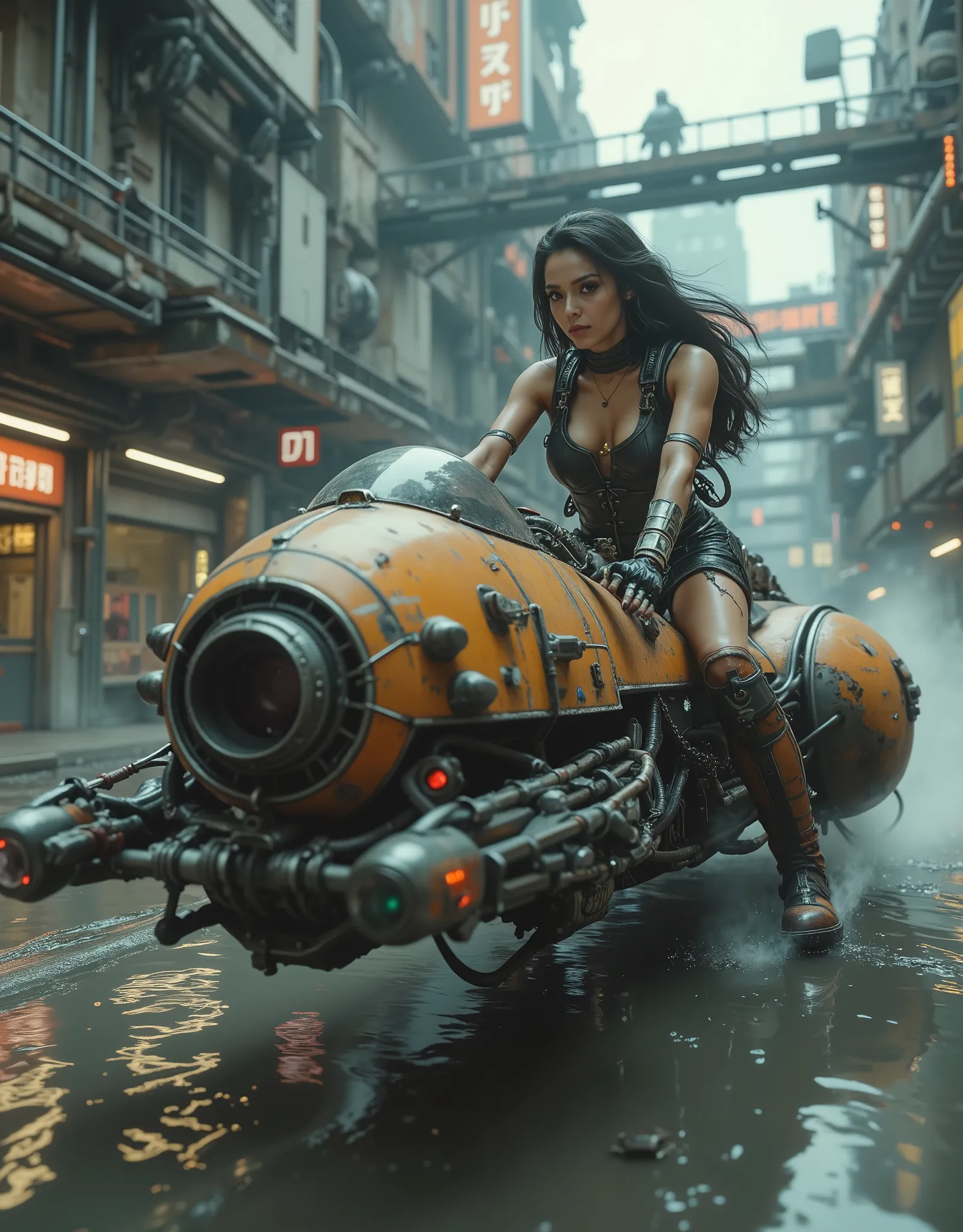 cinematographic photography using the rule of thirds and composition on planes Side photo full body shot counterposed, soft light, unmarked contrasts, a retrofuturistic motorcycle (Speeder bike) Flying ( bike) inspired by motorcycles with low frames and l...