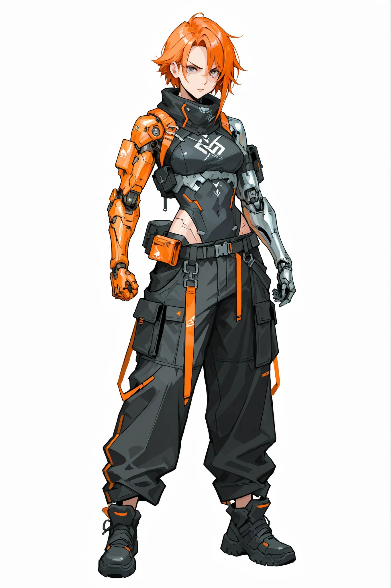 A beautiful cyborg girl with short orange hair, olhos na azul, carrying a cold and serious look, cybernetic body, 4 cybernetic arm implants, metallic body with cyberpunk-themed colors and futuristic techwear, black techwear style loose pants, orange prosth...