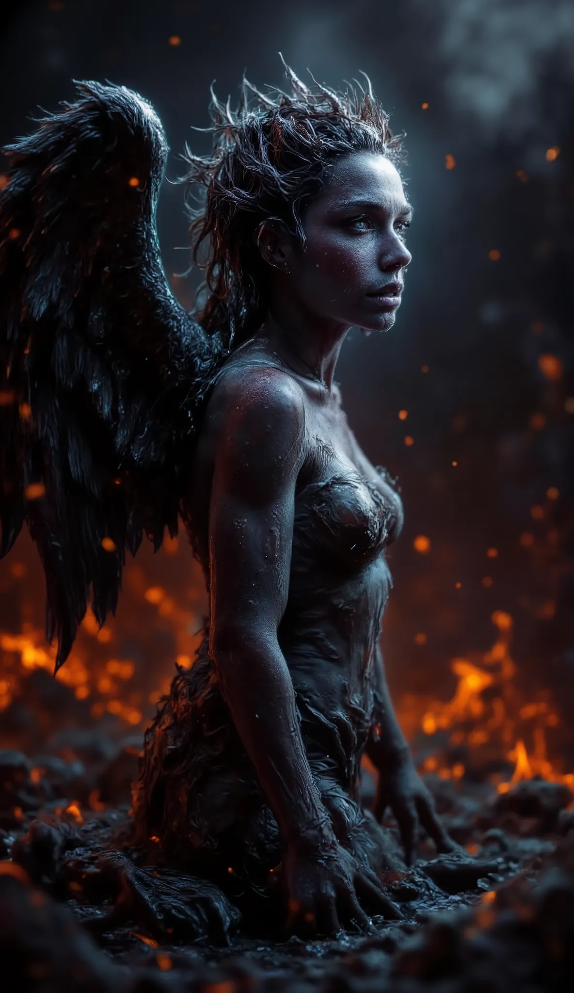 Really epic realistic and very low coloured and low contrast photography, 35 years old muscle scantily clad sexy and angry innocent woman as a angel of darkness with big dark angel wings looking into the hell from the left side. Angel warmth of exhalation ...