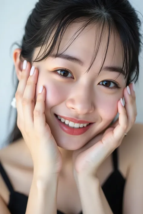 An extreme ultra close-up portrait of a stunningly beautiful young Japanese woman in her early twenties. Her face fills 95% of the frame, captured in cinematic soft lighting. She has a warm skin tone with flushed cheeks, porcelain-smooth complexion, visibl...
