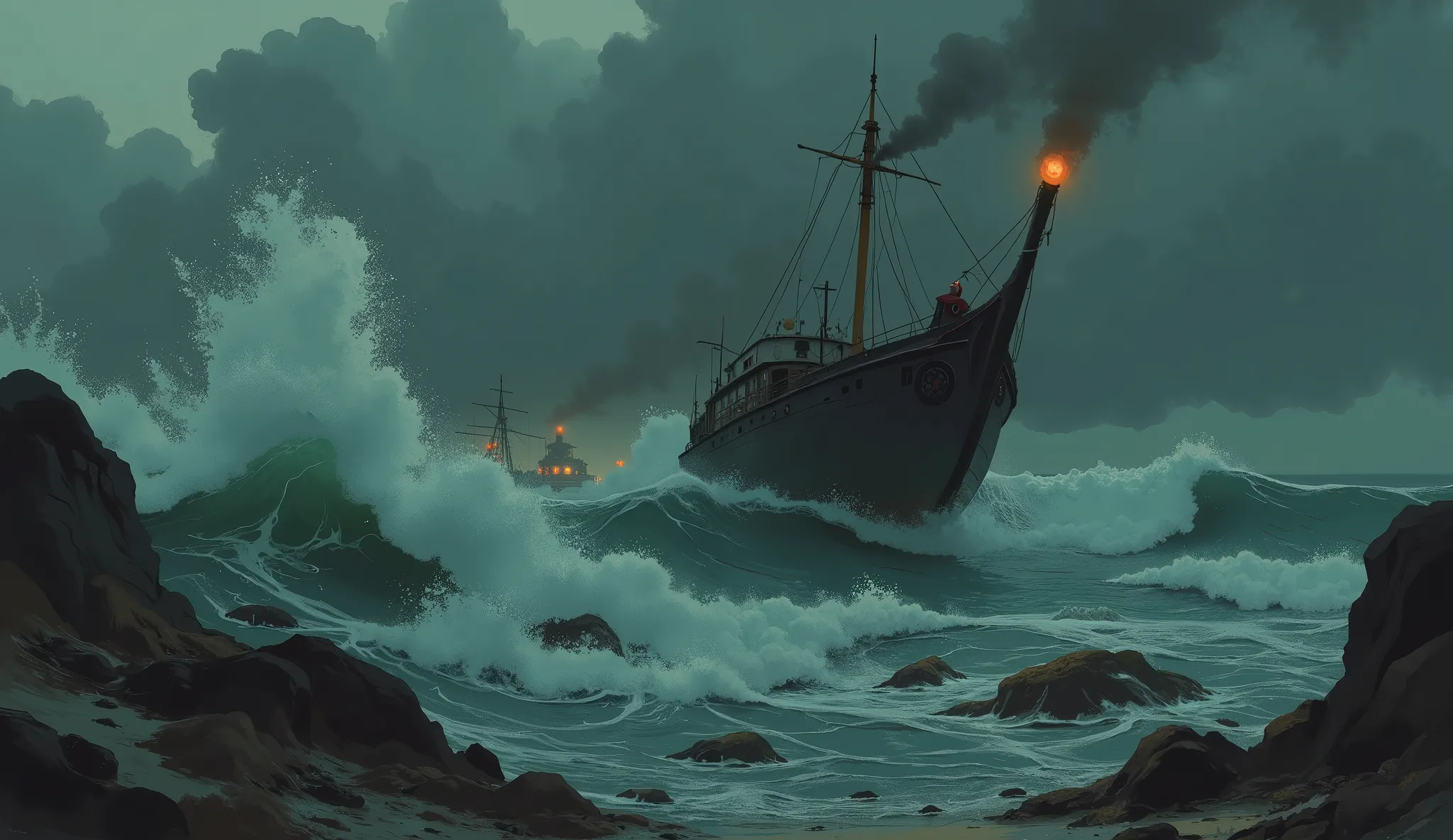  from above 、Picture of a boat in rough water on a dark background, fishing boat, Ship lost in a storm, Dramatic works of art, in Rough seas with large waves, Rough seas, Rough seas, Stormy Sea, High Quality Digital Painting,  Beautiful Art work, highly de...
