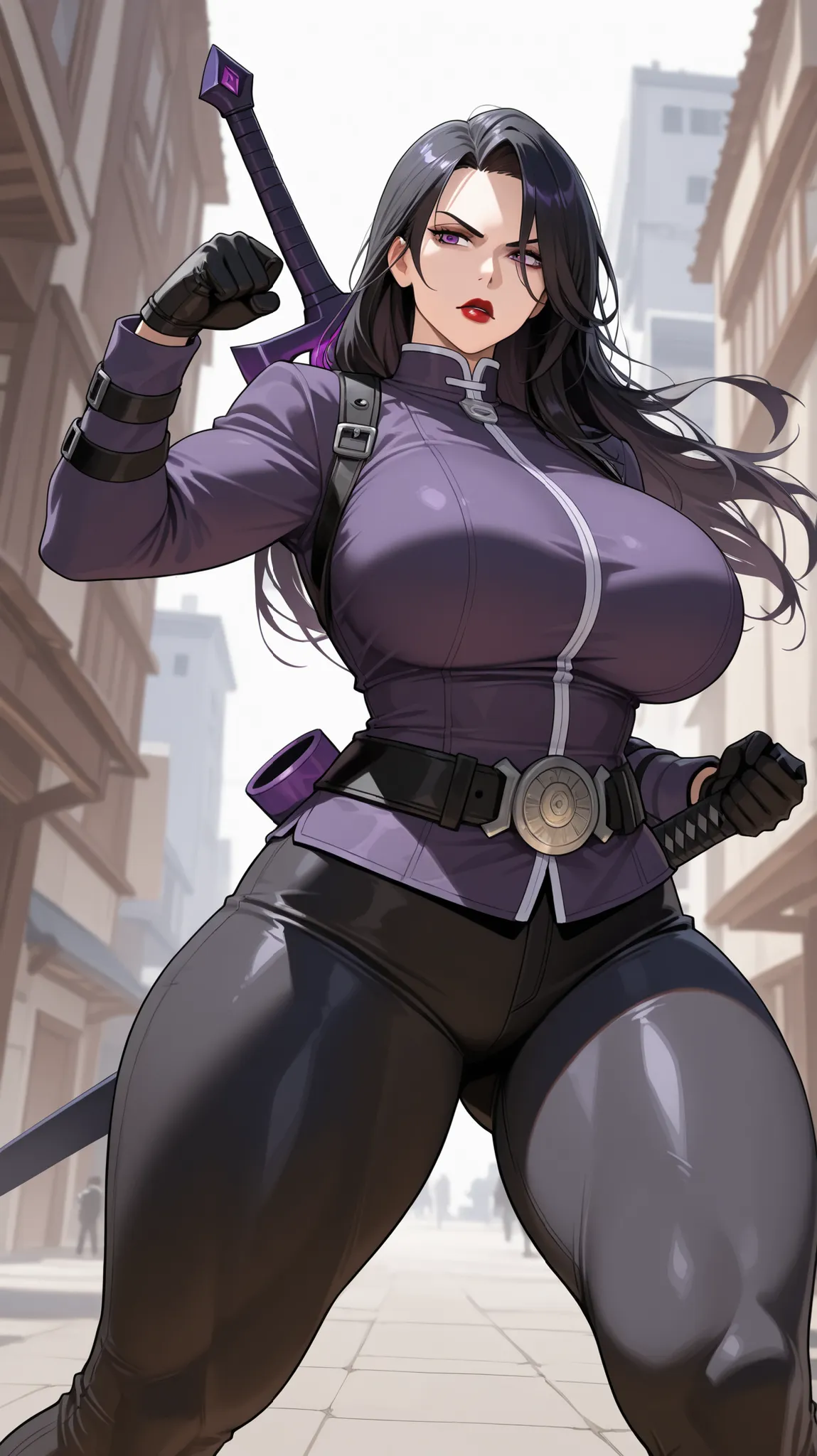 1 woman, Purple eyes, Almond-Shaped eyes, black tights pants, raven hair, long hair, black hair, Sword on back , Oversized Upper fight Gi, red lips, Tall, thick thighs, big breasts, mature face, Big sister's vibes, Fighting pose