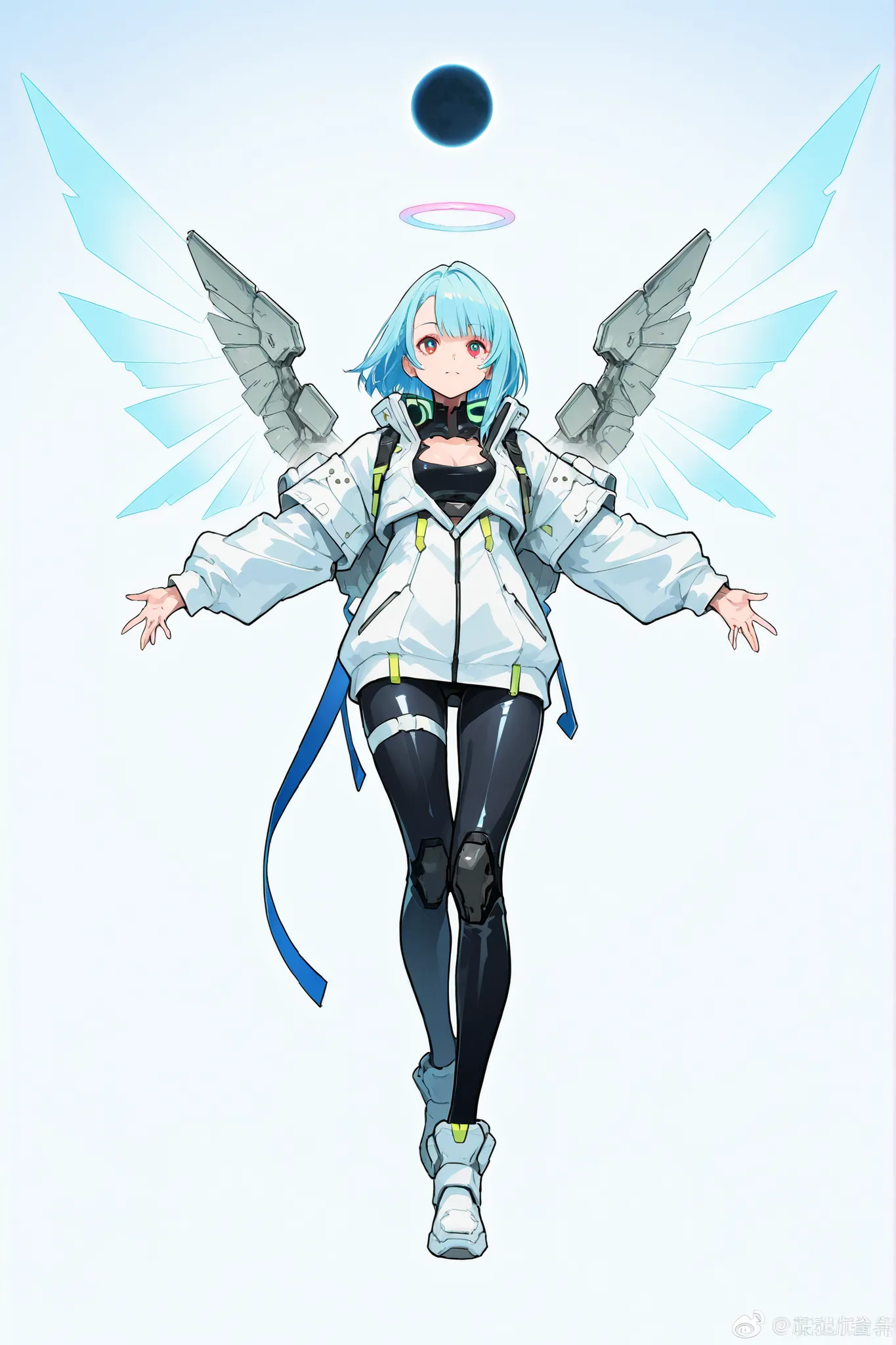 A beautiful girl with long moon blue hair, a calm and serene look, wearing tight white costume with a sexy neckline and a futuristic techwear theme, Big metallic wings cyberpunk futuristic neon open, floating with arms raised, anjo, background background w...