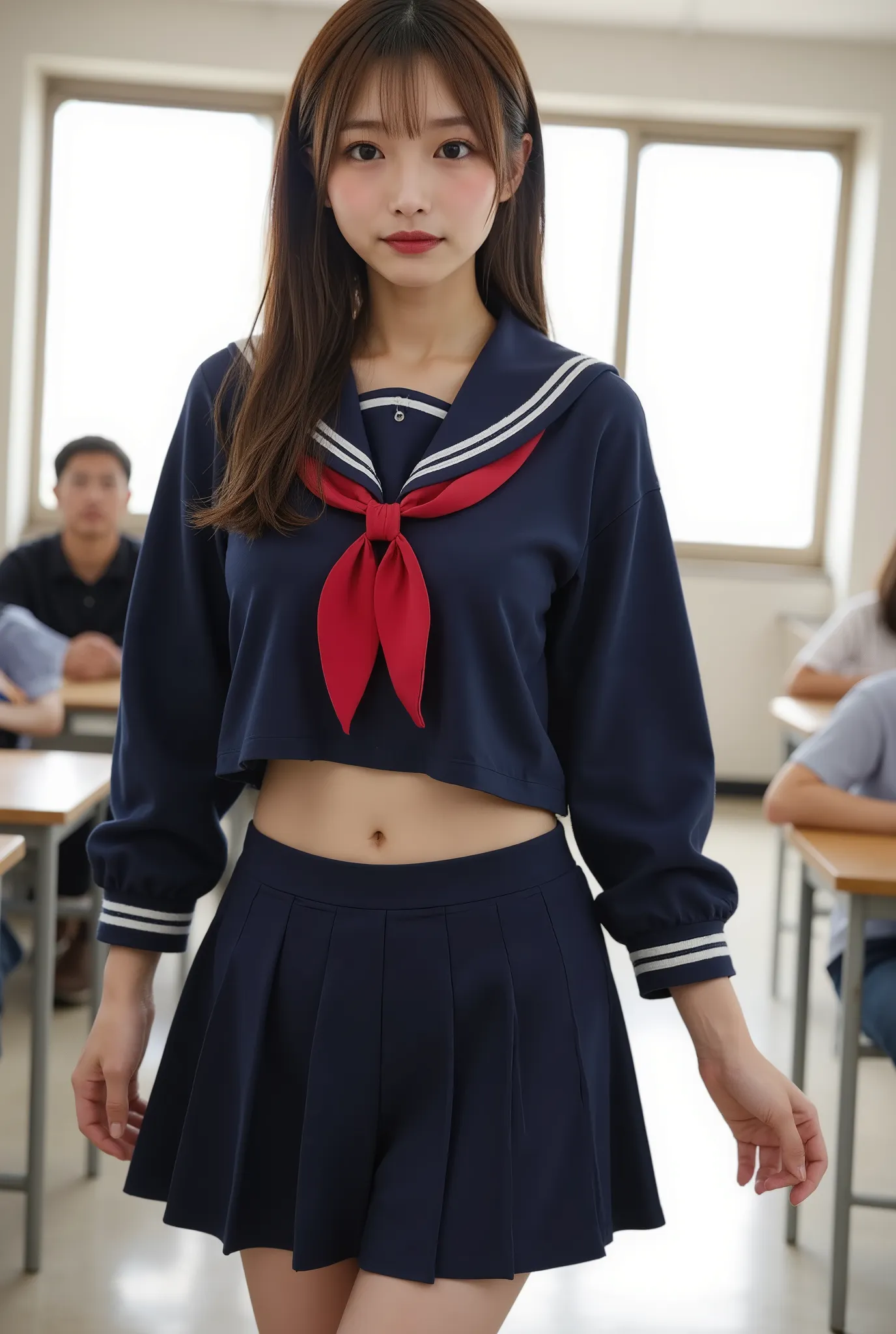 perfect composition, proper placement in office clothes, golden ratio, masterpiece, best quality, high image quality , one Japanese woman, beautiful Japanese woman shining in the moonlight , standing:1.331, ((I'm wearing a navy blue long-sleeved sai...