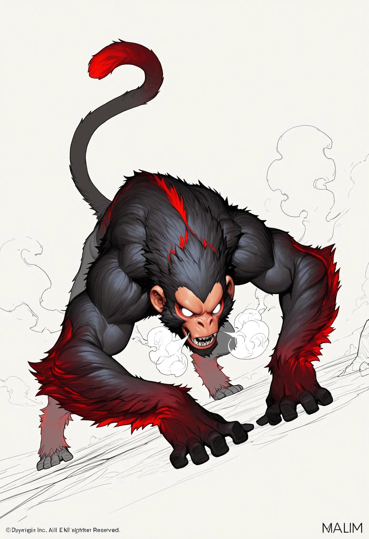 Game monster, sketch, concept art, monkey mandrill, bright color,  Breath steam, black and red furr, white eyes, round eyes , glowing eyes, muscular, on plain white canvas, rough, thin lines, 2d, concepts art, On all fours, large, wide front arms, and smal...