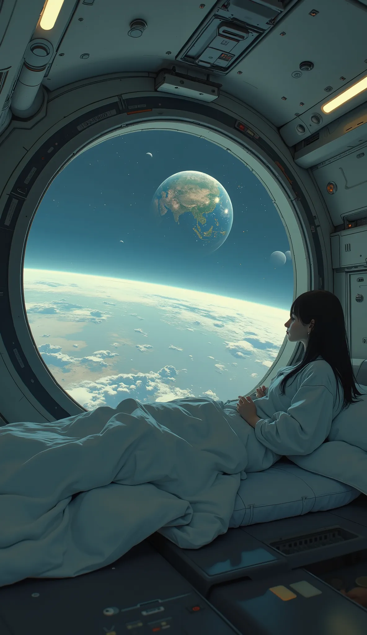 Close up of a spaceship bed with Earth visible, Spaceship window,   Window in Back Space  , Space to look out the window,  outer space boundary space !!!, Space Travel, of Space Travel, The sci-fi aesthetic ,  in a spaceshipで, The Beautiful Universe,  in a...