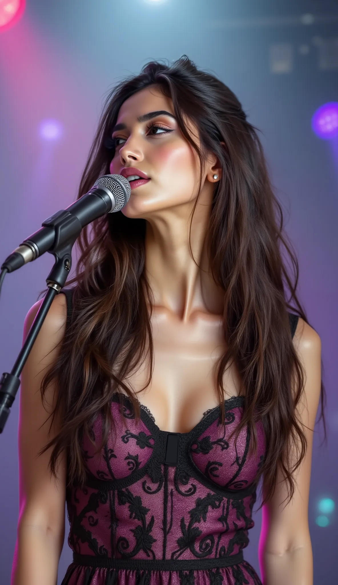 Beautiful and magical female singer, A scene where the sound coming from the microphone is visualized and expressed, Detailed facial depiction of a woman, emotional expression and natural pose, Attractive appearance and fine costume details, Magical stage ...