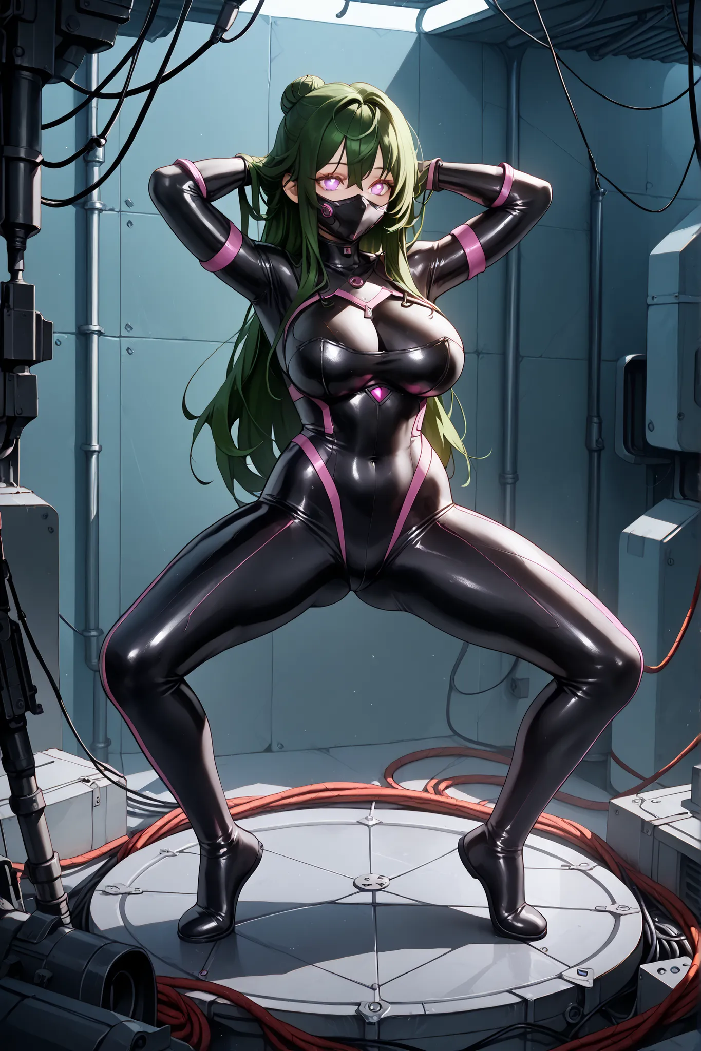1 girl, whole body, ((hiding hair)),tubes, wires, brainwashing,((1girl)),Black Rubber Bodysuit,big breasts,brainwashed,combatant,( big breasts ), expressionless , emotion removed, ganimata,spread legs,short hair,
standing,Put your arms behind head, ,((purp...