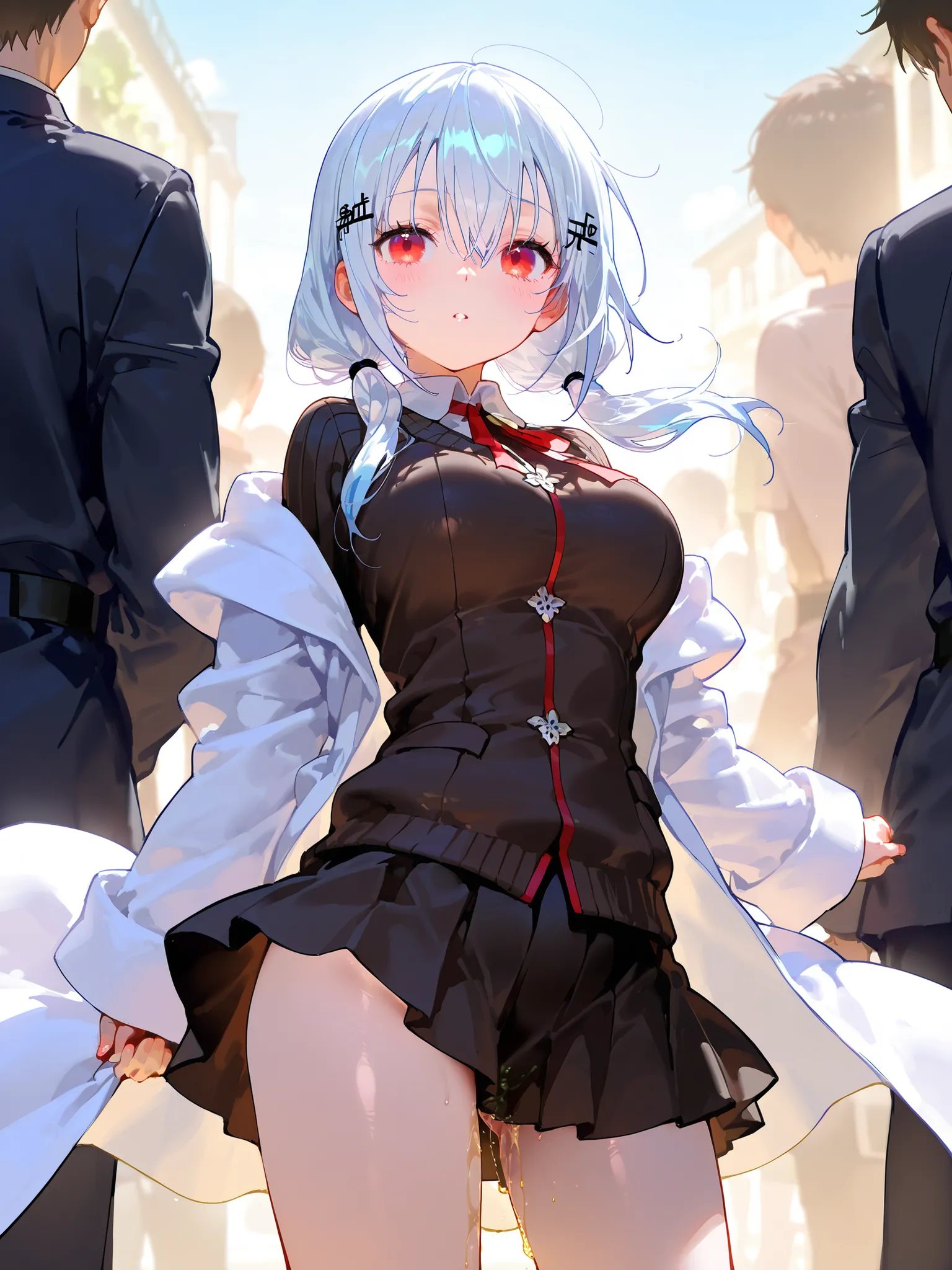Hakase Fuyuki、1 girl、super detail）、（（masterpiece）），（Highest Quality）、（very aesthetic）、white hair、red eyes、masterpiece、white coat、uniform skirt、outdoor、Hide、garden、Kusamura、earthen ground、stand back、sexy legs、standing、in a crowd、hair accessories、Sunny Day、u...
