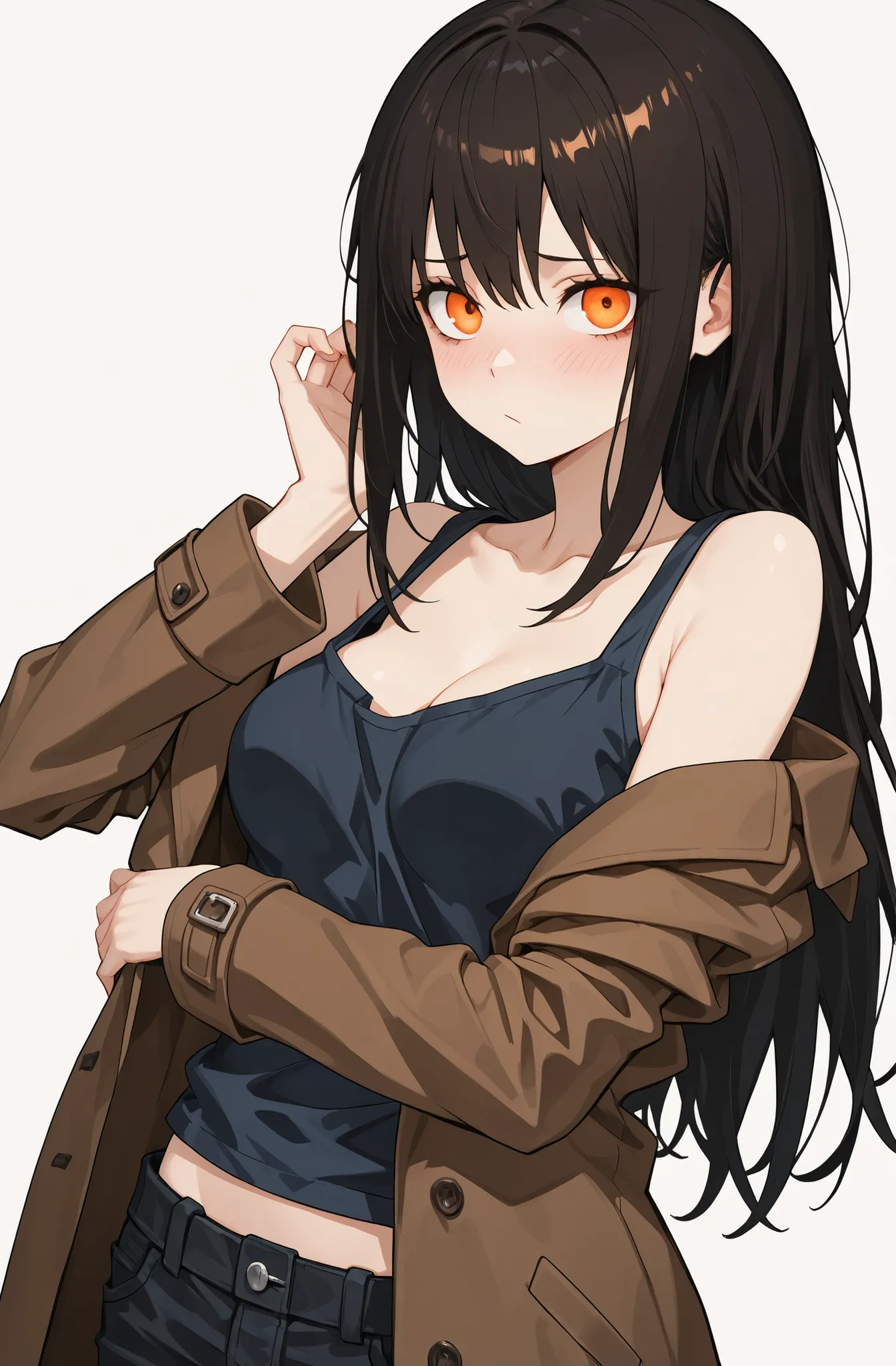 1girl , (solo),medium breasts:0.8, postal, brown coat, bright orange eyes, Beautiful eyes, dark blue tank top , bare torso, brown long hair ,  (the brown big center of the eye), (completely white background), black jeans, shy, ((Masterpiece)), ((highest qu...