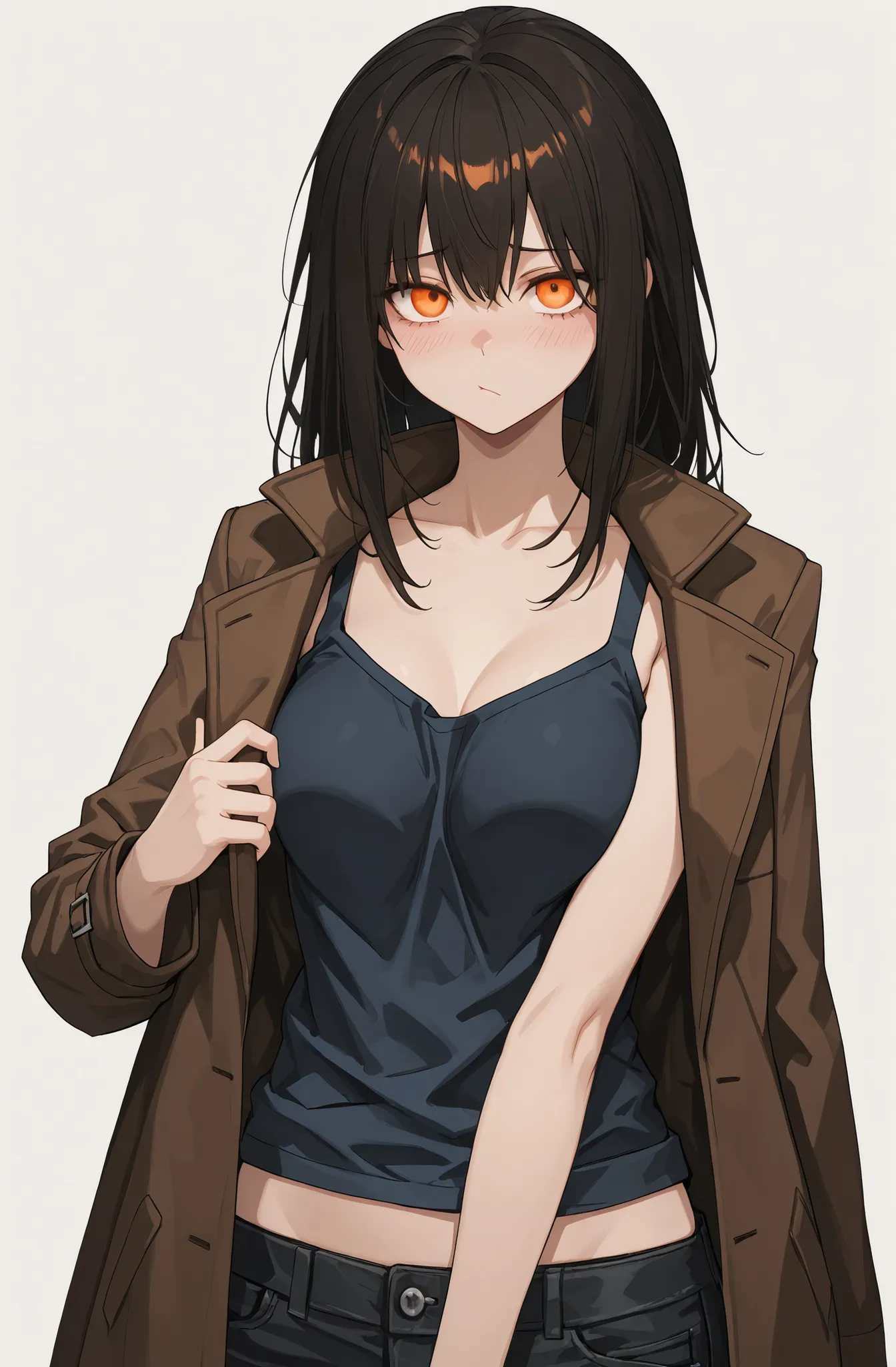 1girl , (solo),medium breasts:0.8, postal, brown coat, bright orange eyes, Beautiful eyes, dark blue tank top , bare torso, brown long hair ,  (the brown big center of the eye), (completely white background), black jeans, shy, ((Masterpiece)), ((highest qu...