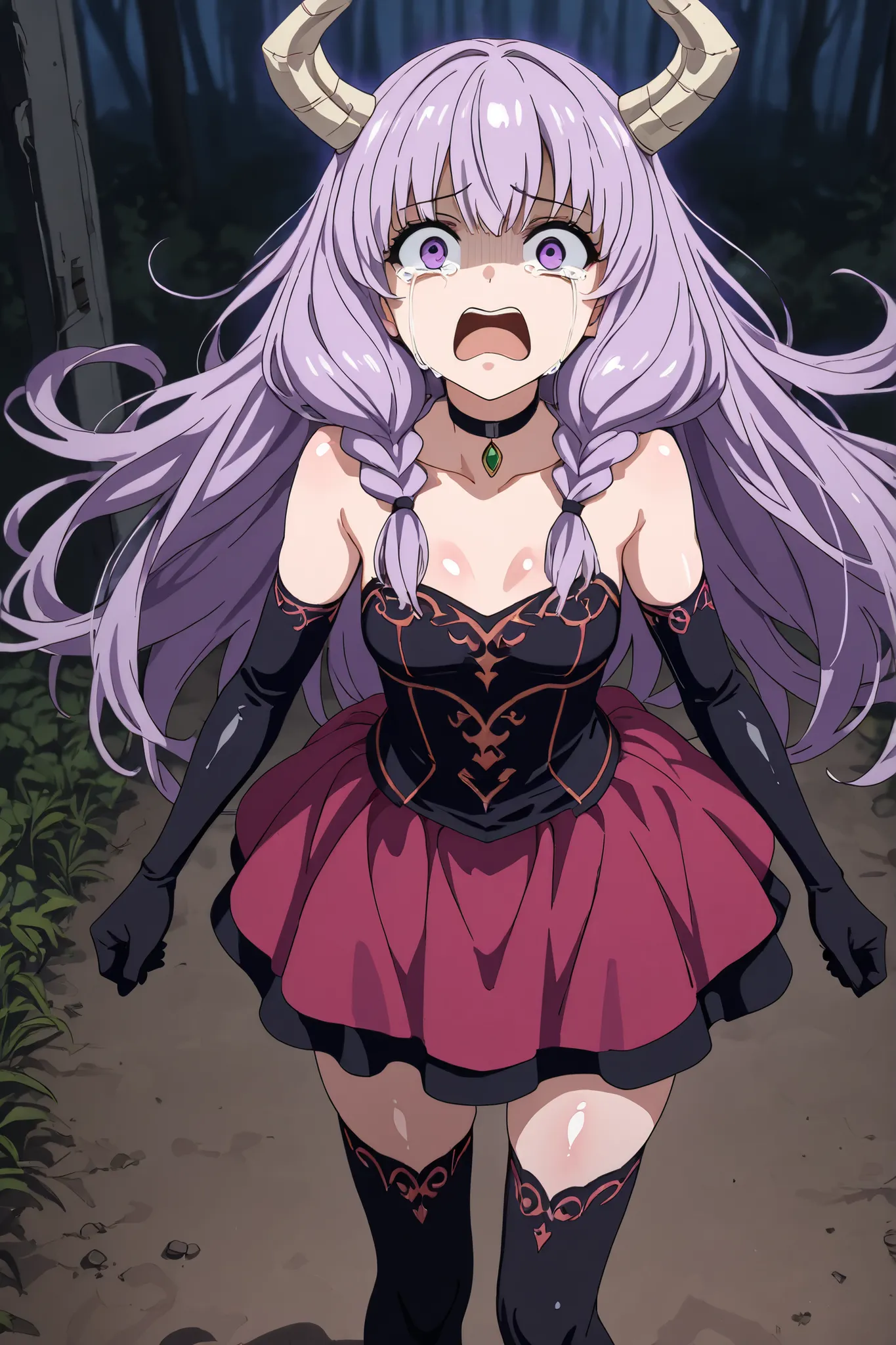 masterpiece, best quality, 1girl, solo, aura the guillotine, long hair, purple eyes, purple hair, braid, horns, twin braids, skirt, thighhighs, gloves, choker, black gloves, elbow gloves, (fear, surprise, crying face, tears:1.3), perfect detail, ultra deta...