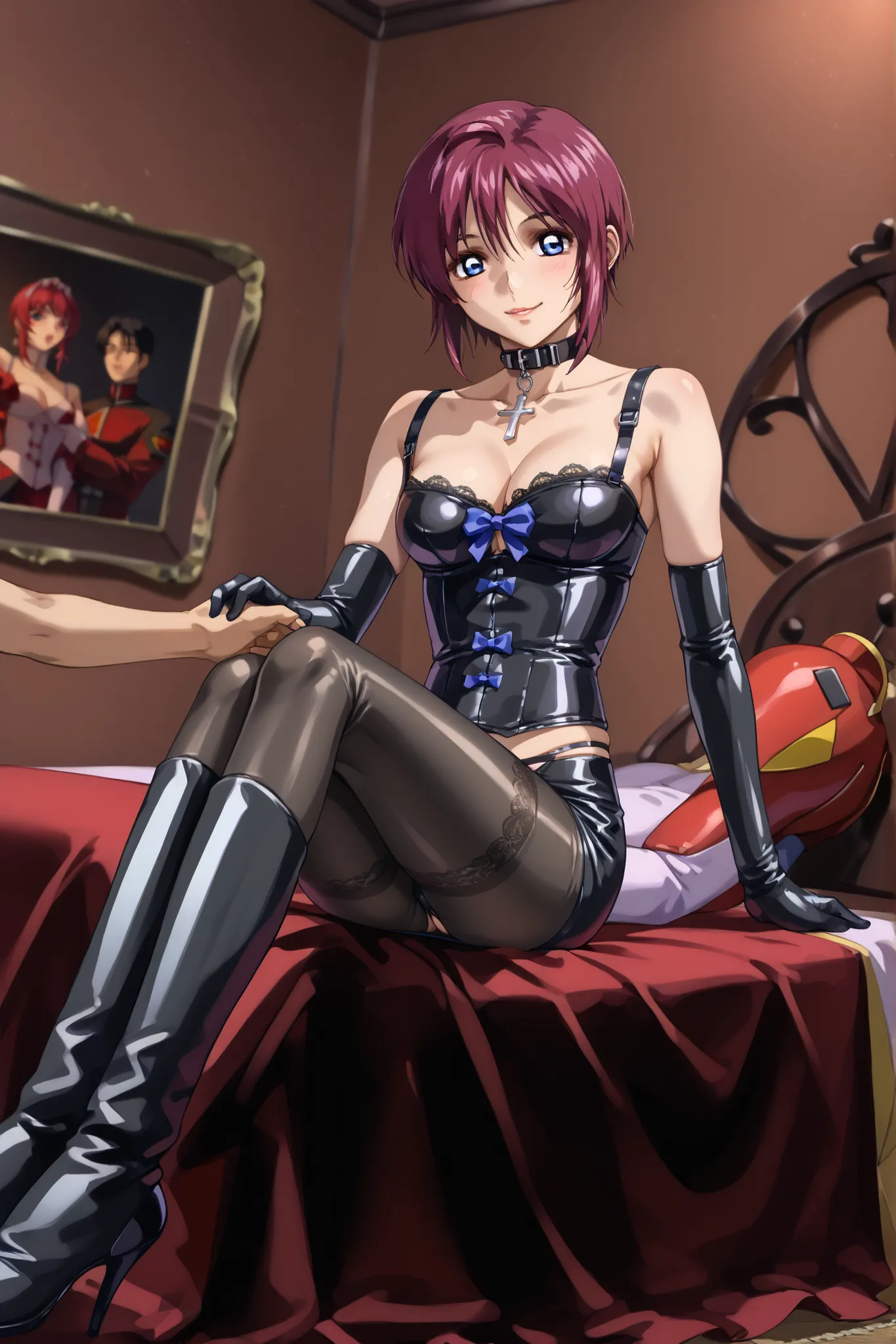 (((sitting cross leged)))、spread legs、man on all fours:1.2、Girl's Panties Close to Man's Back:1.4、(((Man Being Used in a Human Chair、Girl Sitting on Man's Back、human chair)))、BDSM、Queen、mistress、(((black latex elbow gloves:1.4)))、(((black latex corset dres...