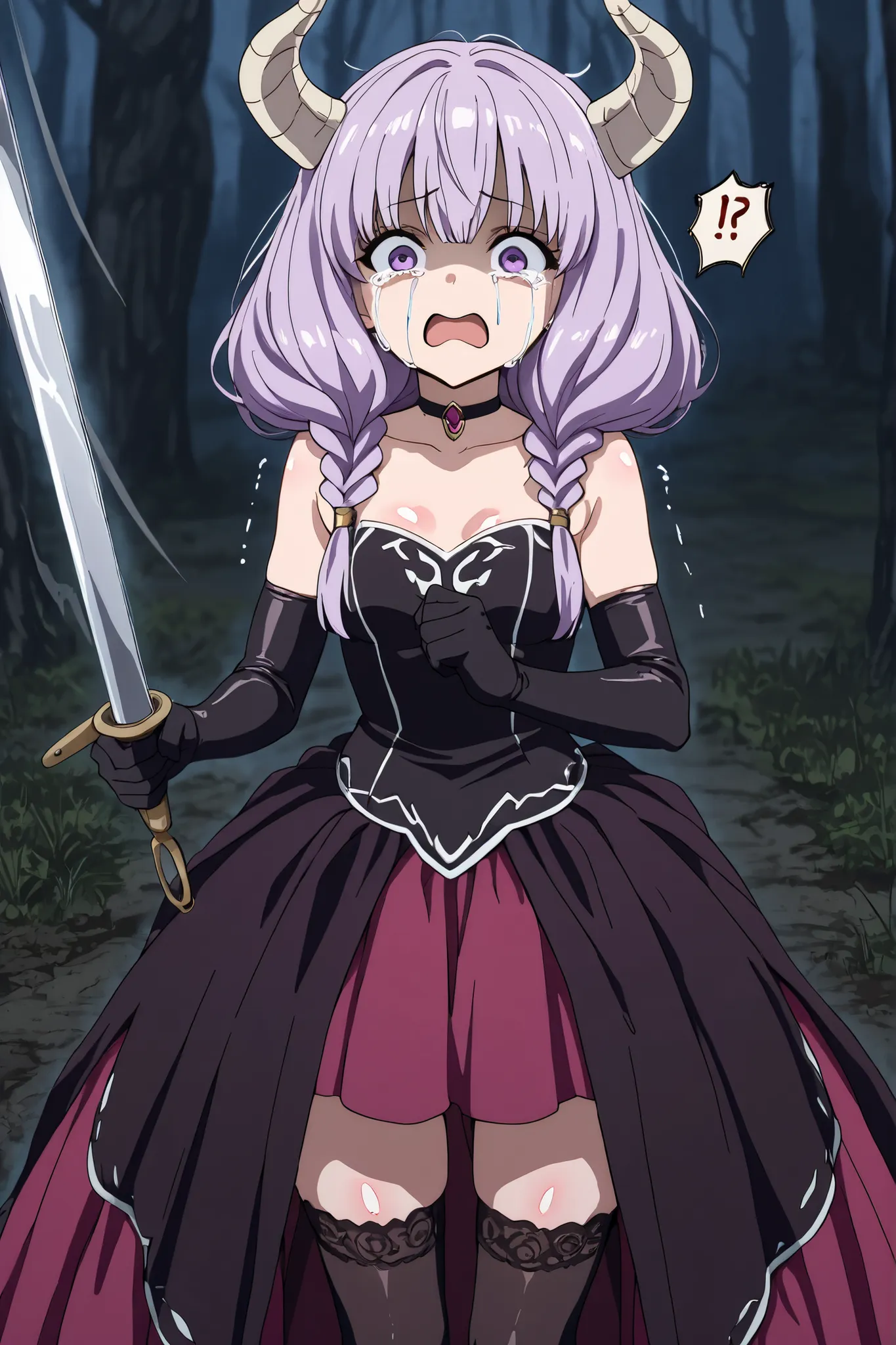 masterpiece, best quality, 1girl, solo, aura the guillotine, long hair, purple eyes, purple hair, braid, horns, twin braids, skirt, thighhighs, gloves, choker, black gloves, elbow gloves, (fear, surprise, crying face, tears:1.3), perfect detail, ultra deta...