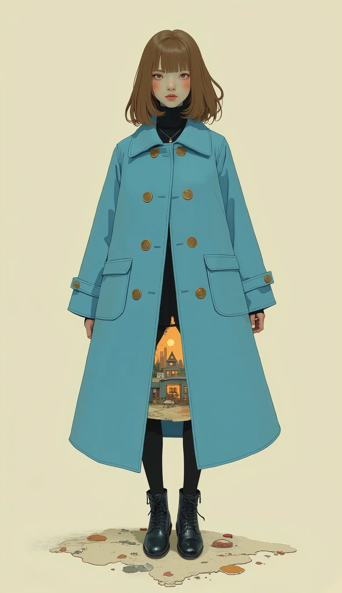 A figure wearing a light blue coat with large buttons stands prominently in the work. } The bright colors of the coat draw subtle contrasts、, neutral background, emphasizes the bold appearance of the garment. figure, and the hair depicts neat brown waves, ...